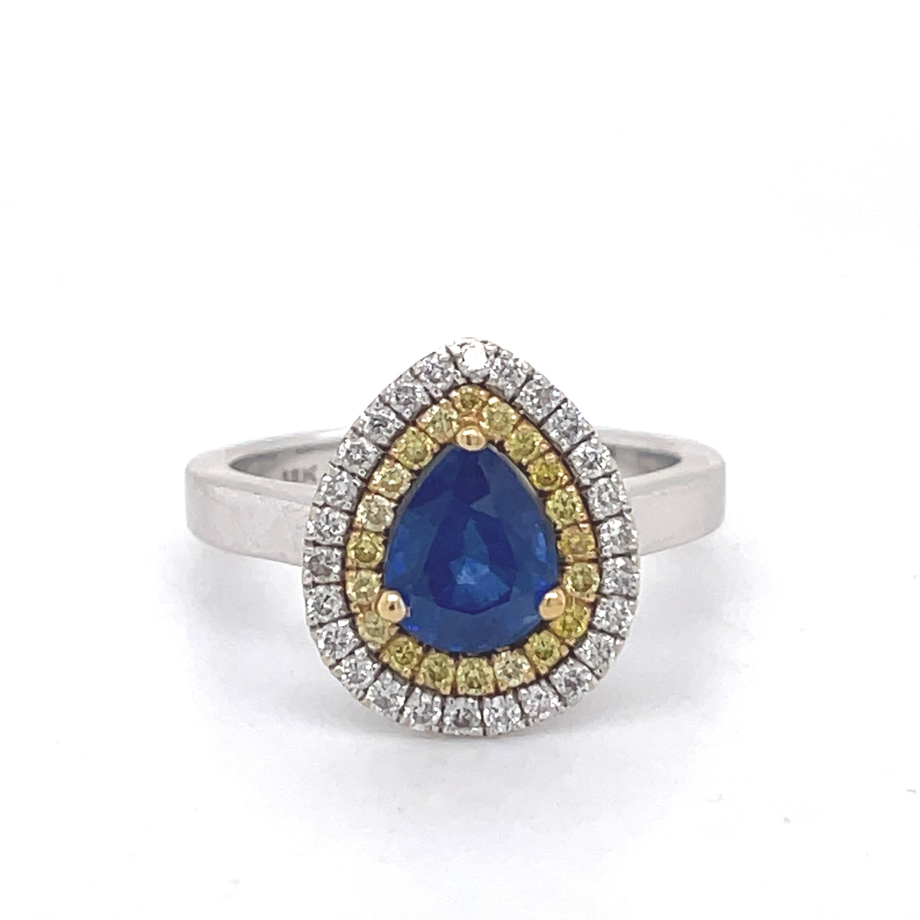 Engagement Ring- 1.70CT Pear Sapphire, Yellow & White Diamond halos, 18k  For Sale 4