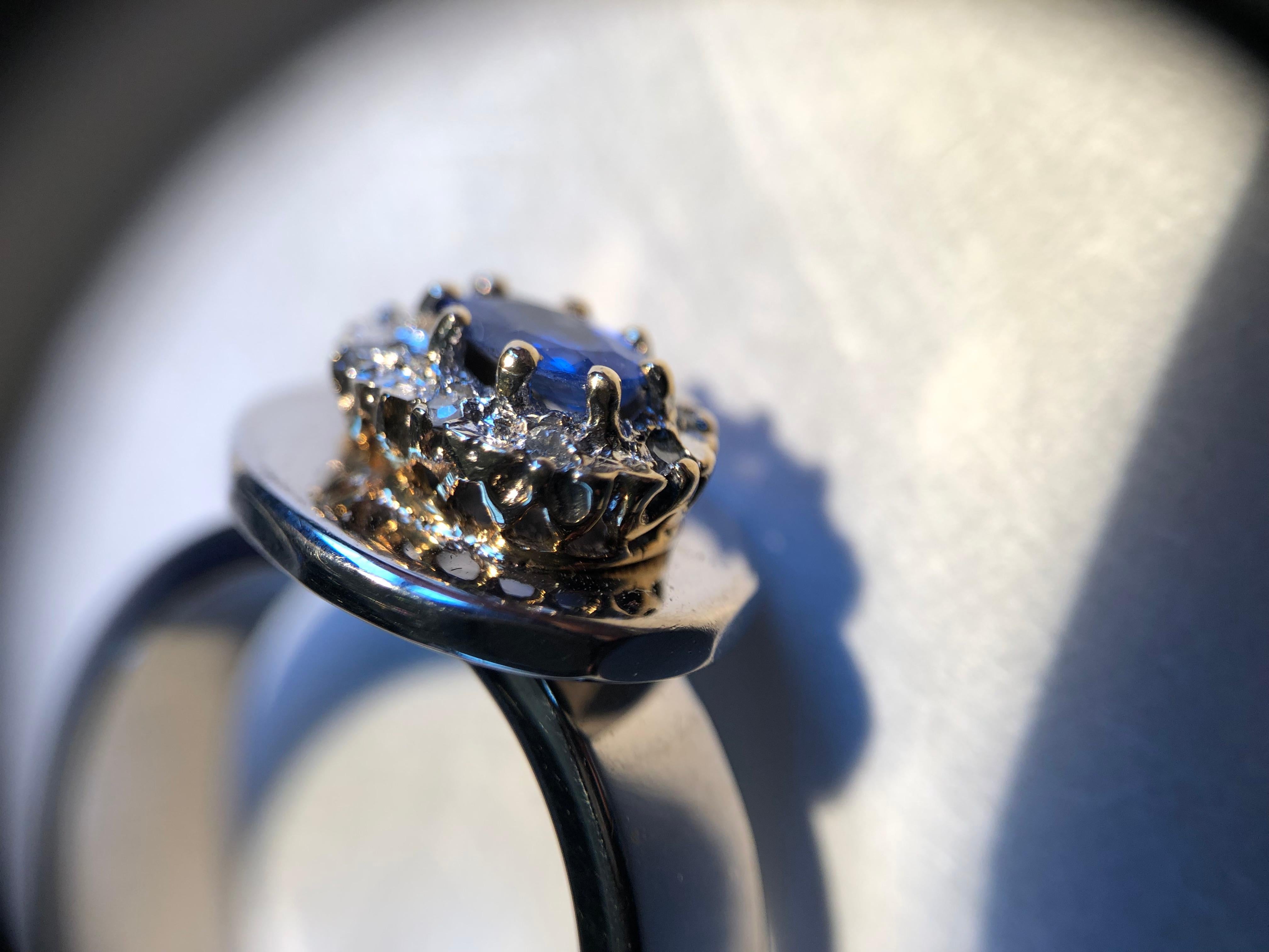 Engagement Ring Anne Bourat 1 Sapphire 8 Diamonds White Gold 18k Metric 54 For Sale 4