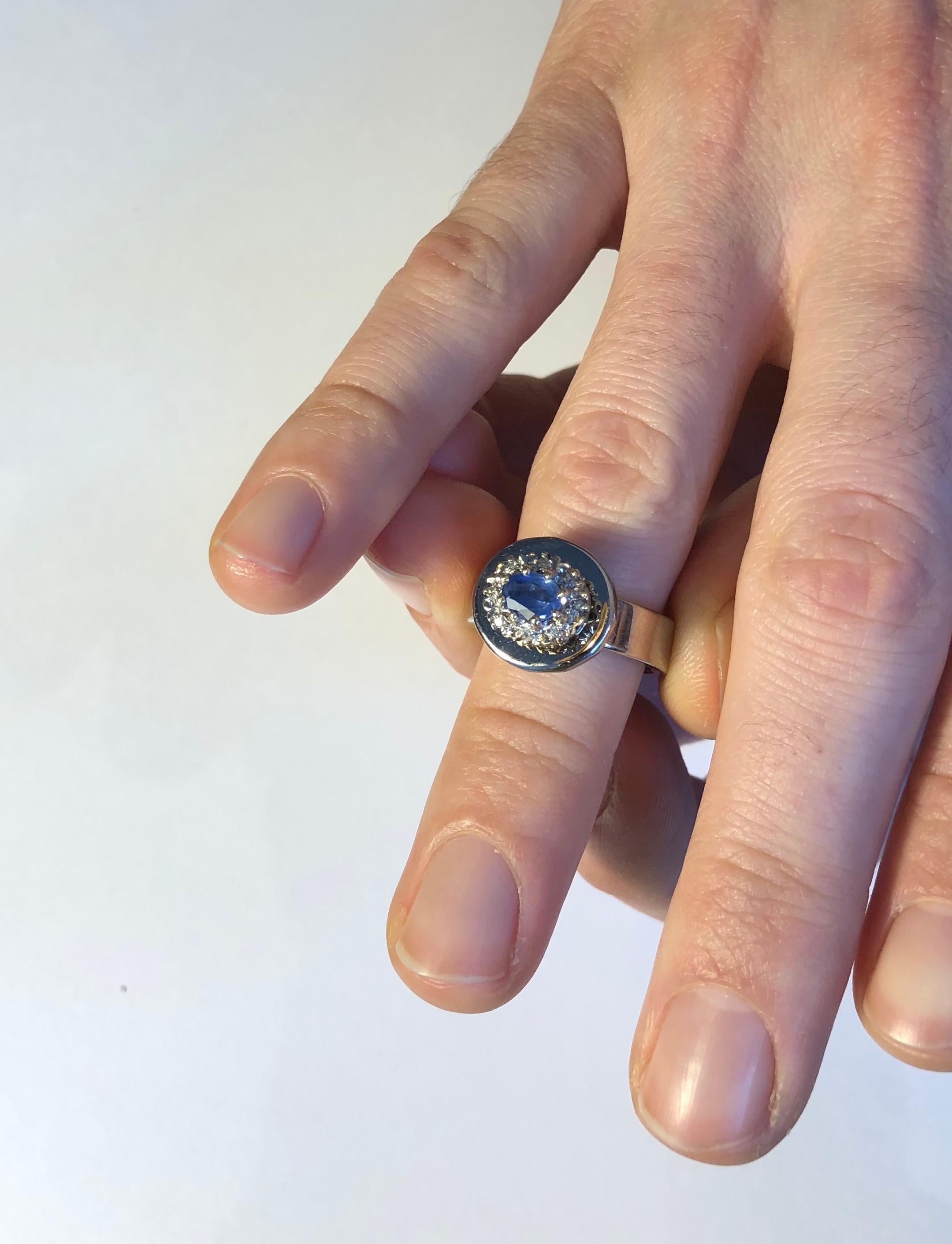 Women's or Men's Engagement Ring Anne Bourat 1 Sapphire 8 Diamonds White Gold 18k Metric 54 For Sale