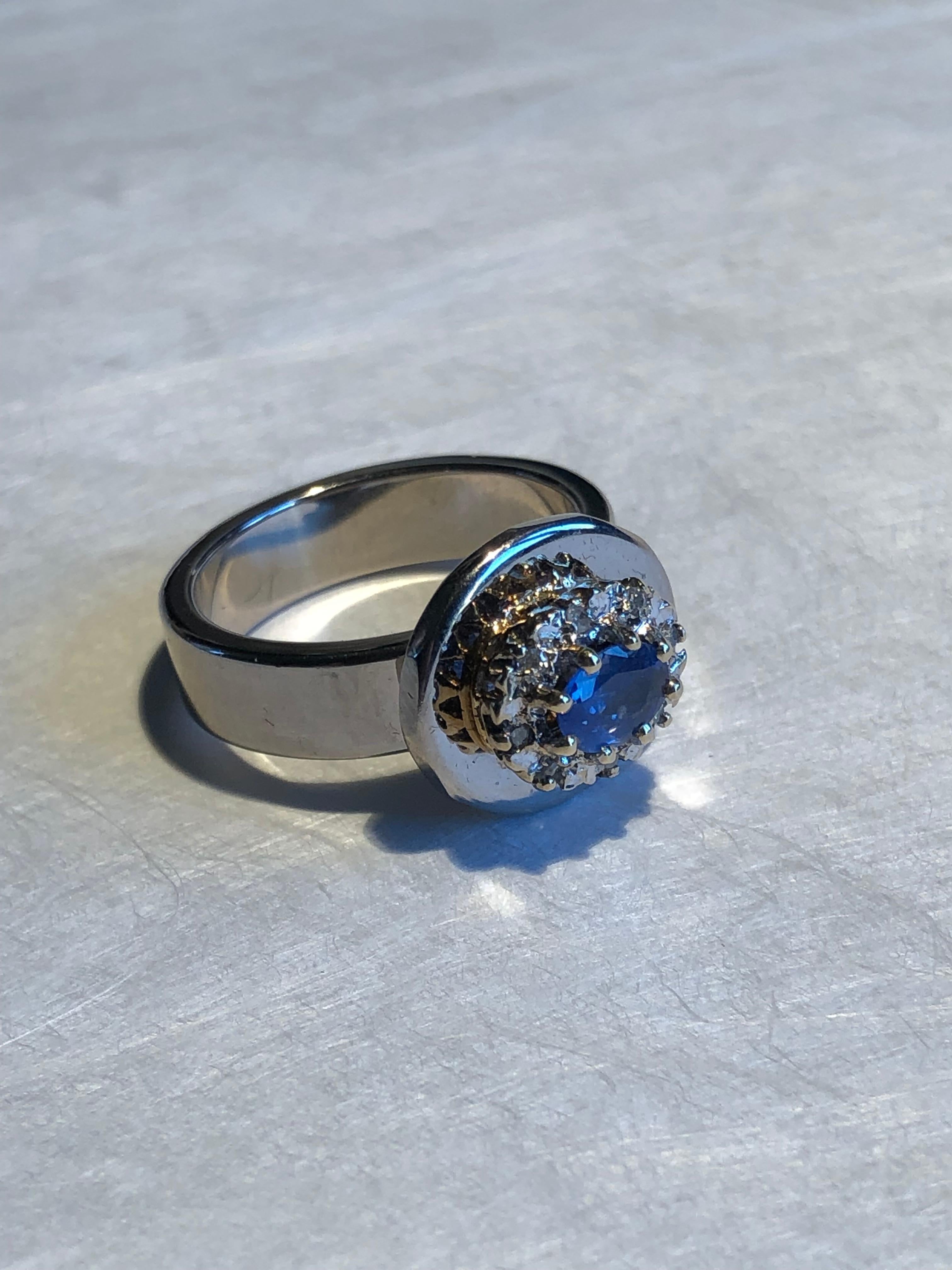 Engagement Ring Anne Bourat 1 Sapphire 8 Diamonds White Gold 18k Metric 54 For Sale 2