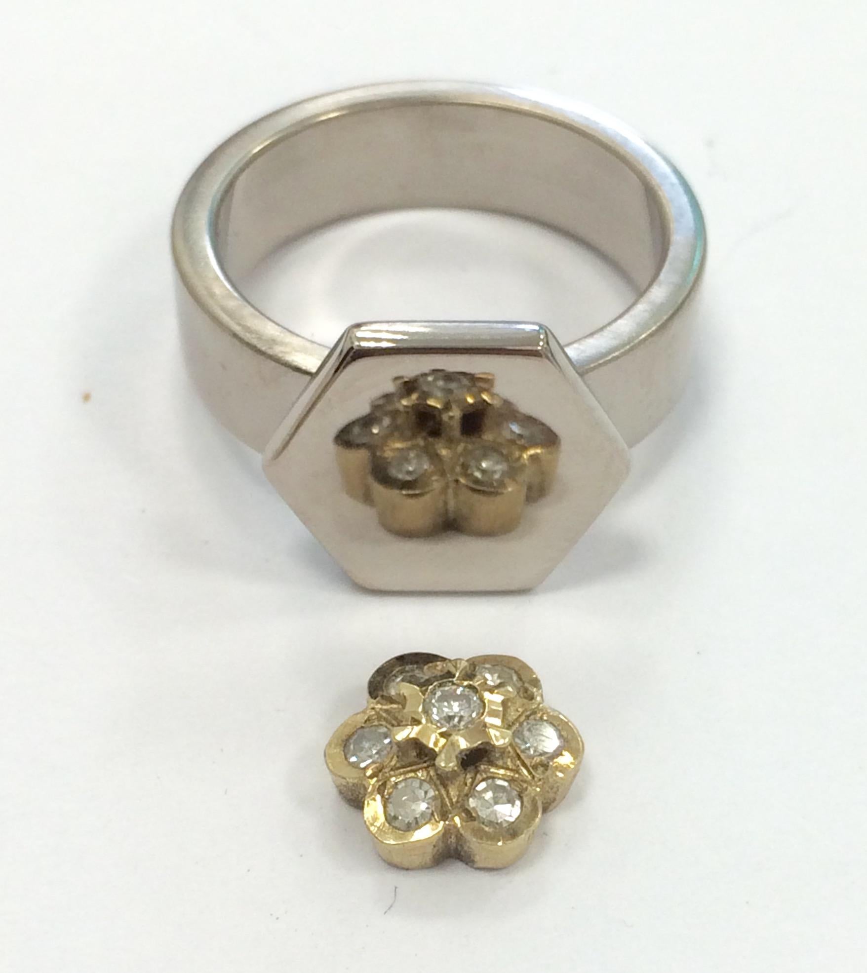 Engagement Ring Anne Bourat 7 Diamonds  White Gold 18k Hexagon Shape Metric 52 im Angebot 1