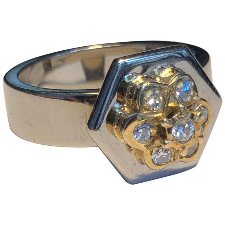 Engagement Ring Anne Bourat 7 Diamonds  White Gold 18k Hexagon Shape Metric 52 im Angebot