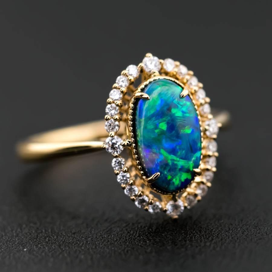 Engagement Ring: Australian Black Opal and Diamond in 18K Yellow Gold In New Condition In Suwanee, GA