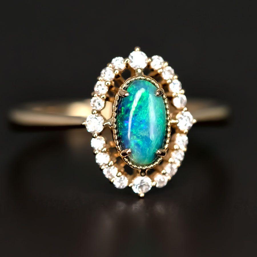 Engagement Ring: Australian Black Opal and Diamond in 18K Yellow Gold In New Condition For Sale In Suwanee, GA