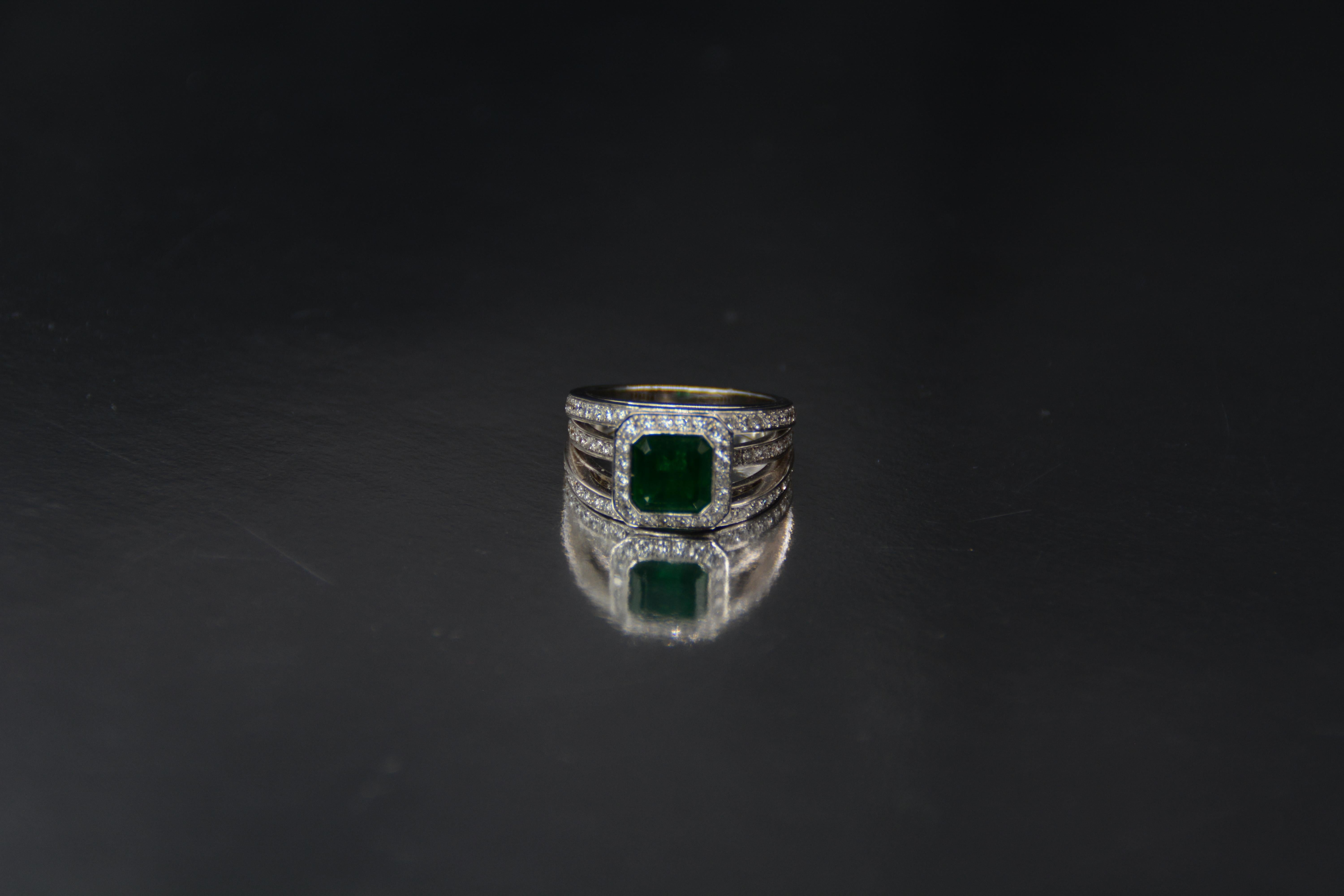 Octagon Cut Engagement Ring Emerald Diamond White Gold 18 Karat For Sale