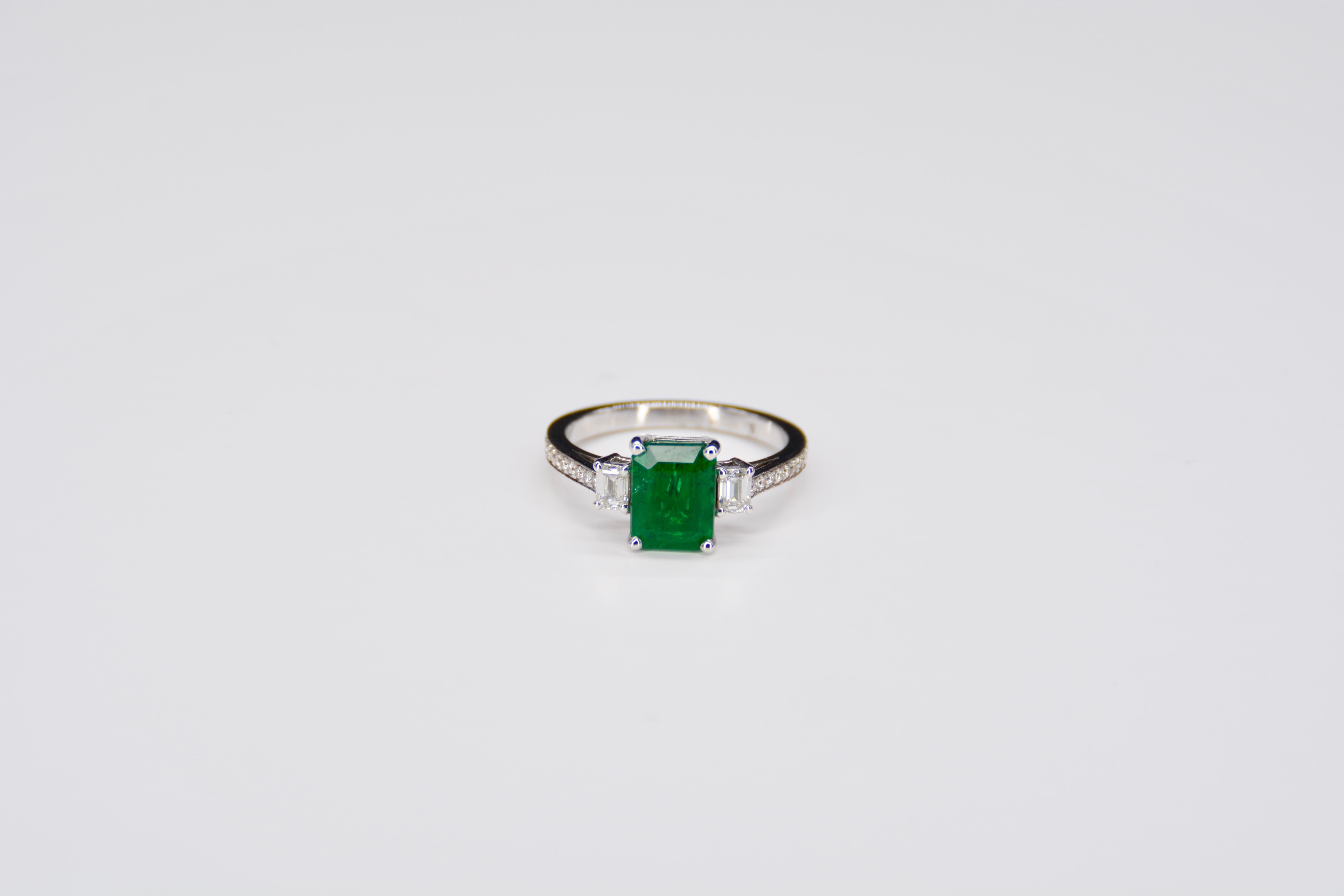 Art Deco Engagement Ring Emerald Diamond White Gold For Sale