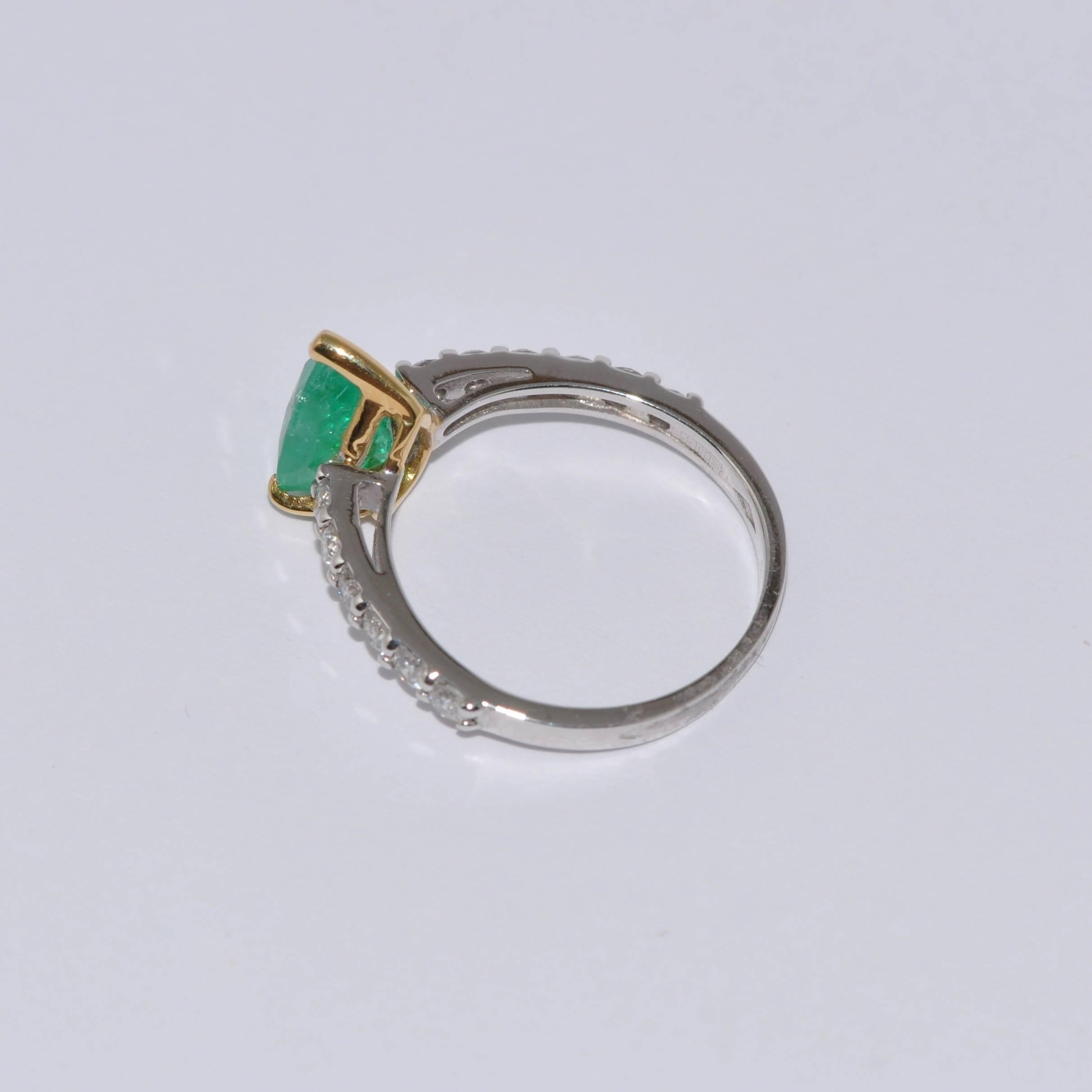 Artisan Engagement Ring Emerald Diamonds Yellow White Gold 18 Karat For Sale