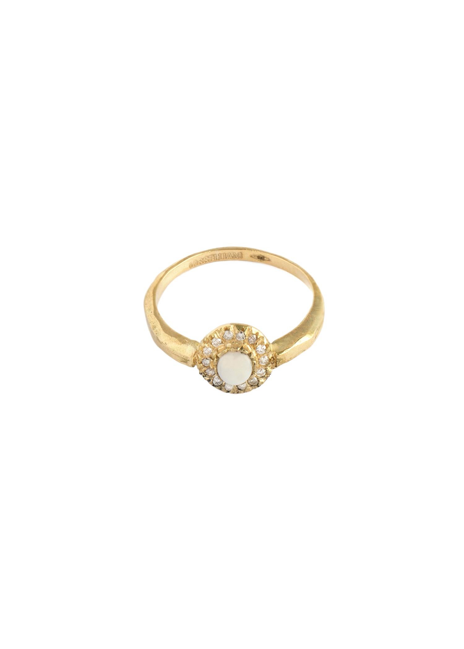 Round Cut Engagement Ring in 10 Carat Yellow Gold Opal and Rubies from IOSSELLIANI For Sale