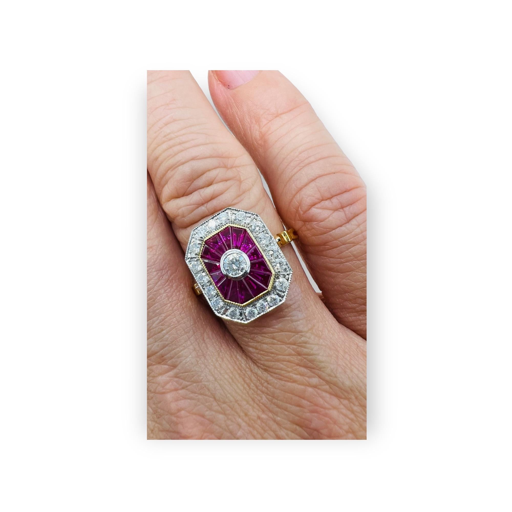 Engagement Ring in 18 Carat Gold Set with Calibrated Rubies and Diamonds For Sale 4