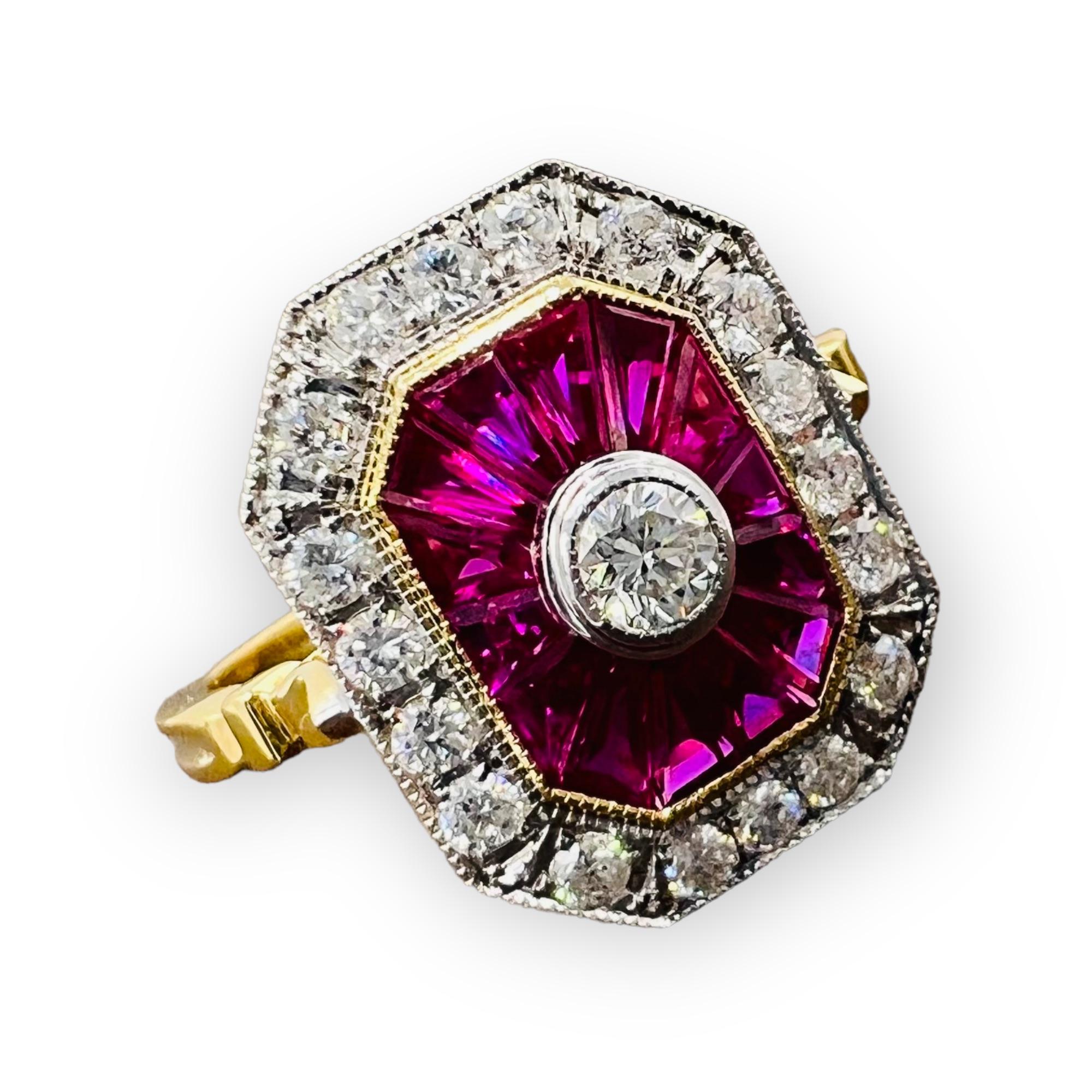 engagement ring in 18 carat gold set with calibrated rubies and diamonds
Very elegant ring in 18 ct gold, calibrated rubies,  with a paving of diamonds for 0.53 carats
extremely flat on the hand, the calibrated ones are perfectly executed, radiant,