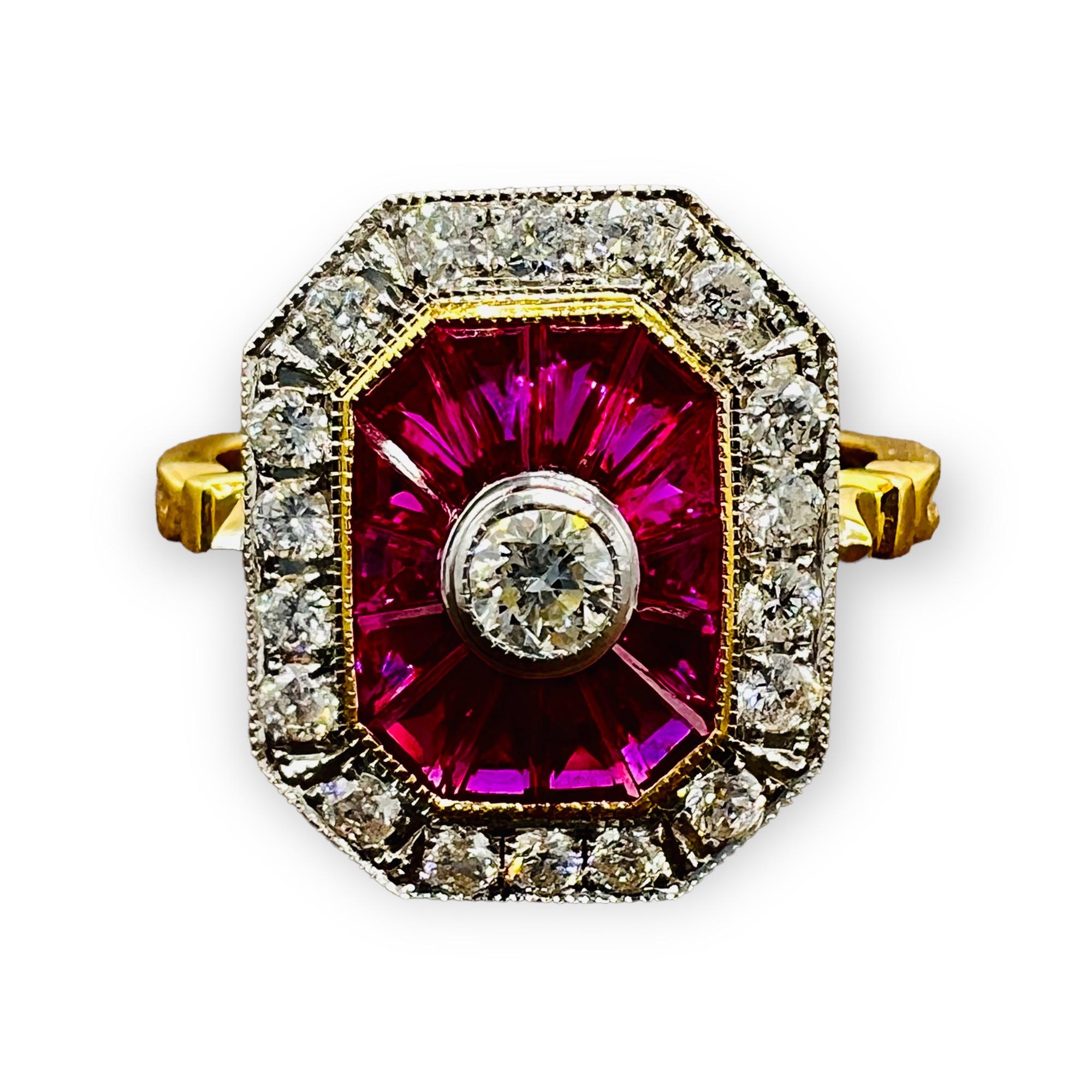 Art Deco Engagement Ring in 18 Carat Gold Set with Calibrated Rubies and Diamonds For Sale