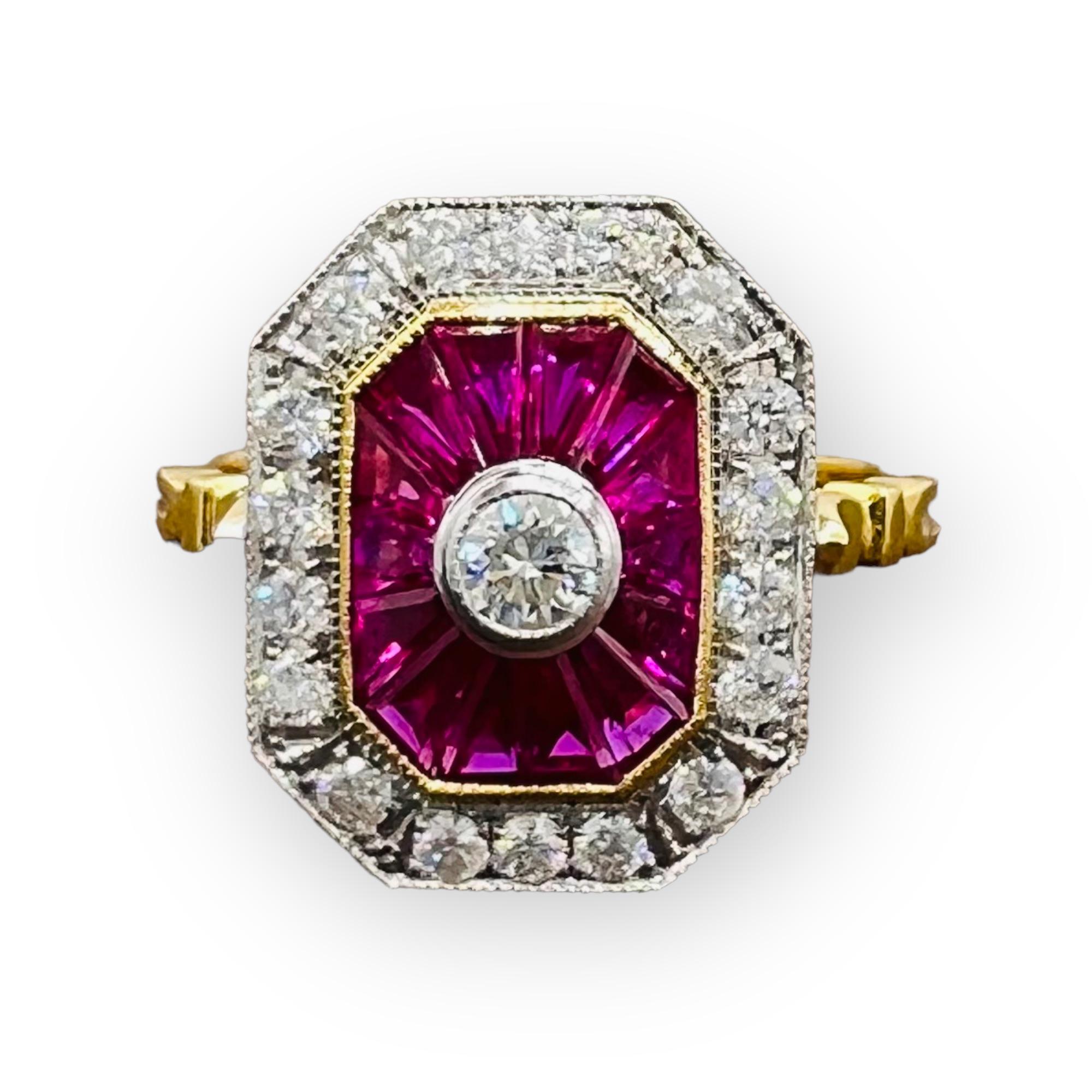 French Cut Engagement Ring in 18 Carat Gold Set with Calibrated Rubies and Diamonds For Sale