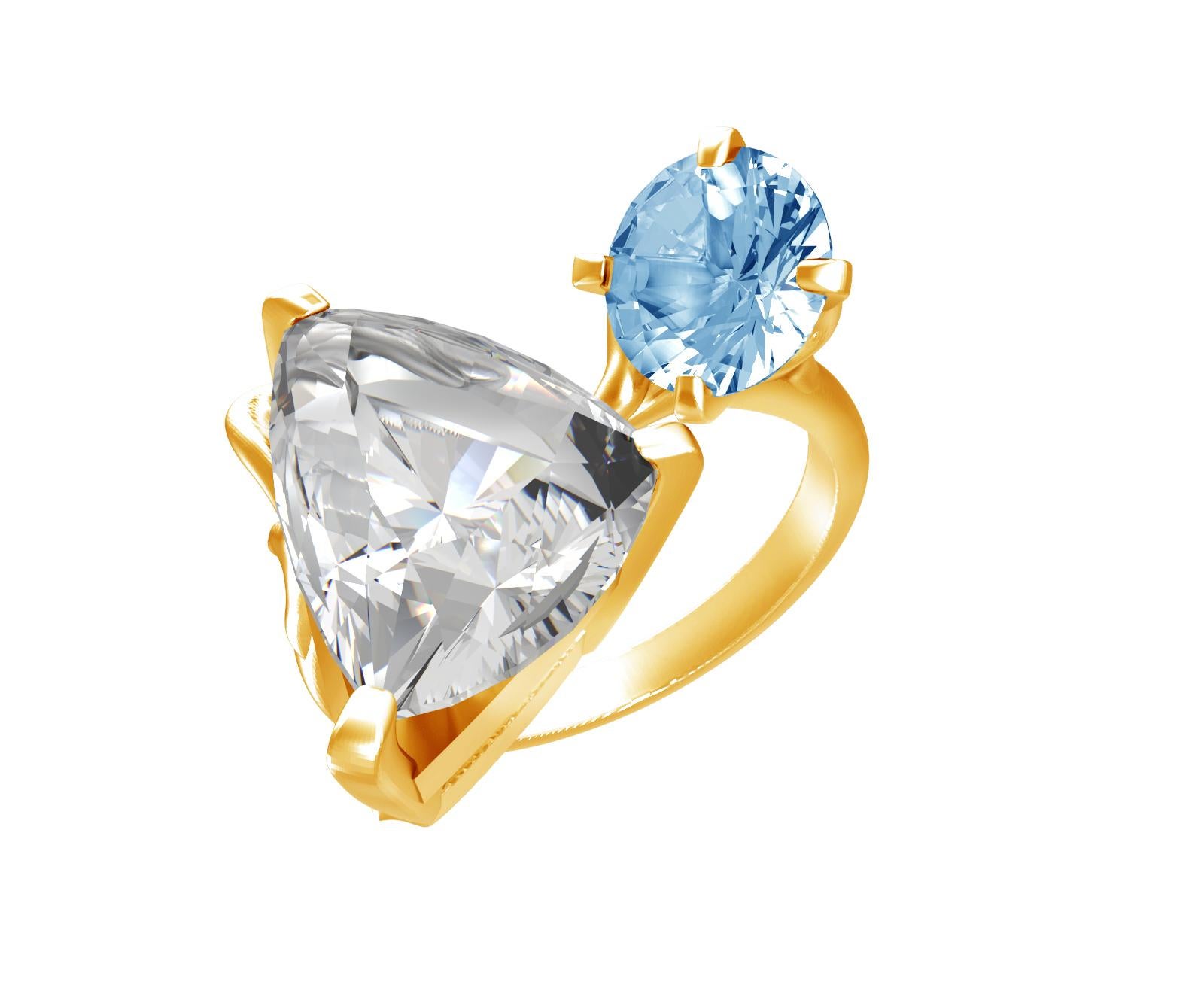 Trillion Cut Engagement Ring in Eighteen Karat Yellow Gold with Paraiba Tourmalines For Sale