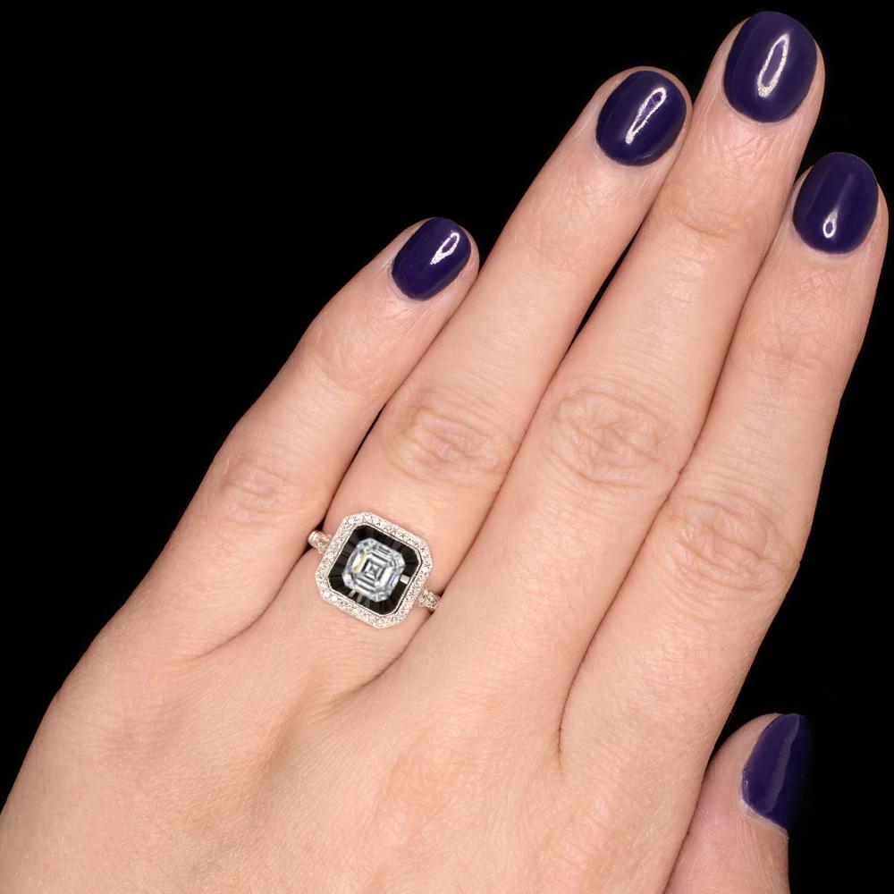 Verlobungsring Onyx Halo Fassung 1 Karat GIA zertifizierter quadratischer Diamant im Smaragdschliff (Art déco)