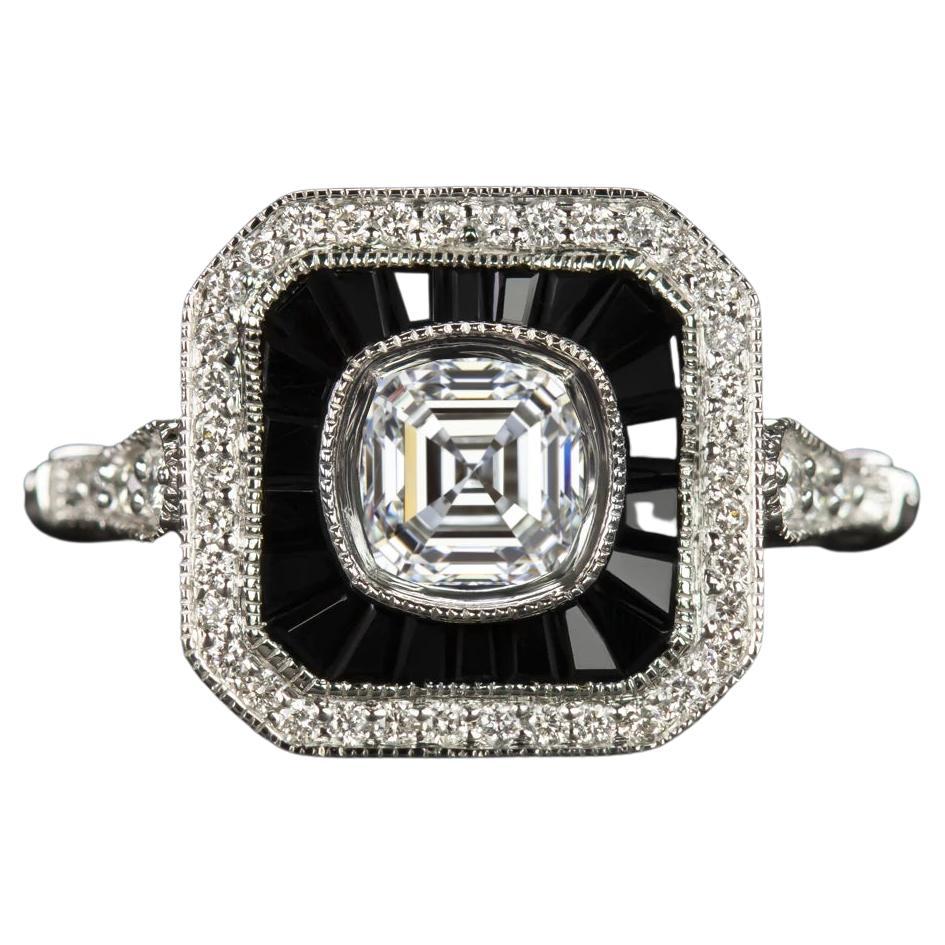 Engagement Ring Onyx Halo Setting 1 Ct GIA Certified Square Emerald Cut Diamond