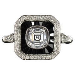 Verlobungsring Onyx Halo Fassung 1 Karat GIA zertifizierter quadratischer Diamant im Smaragdschliff