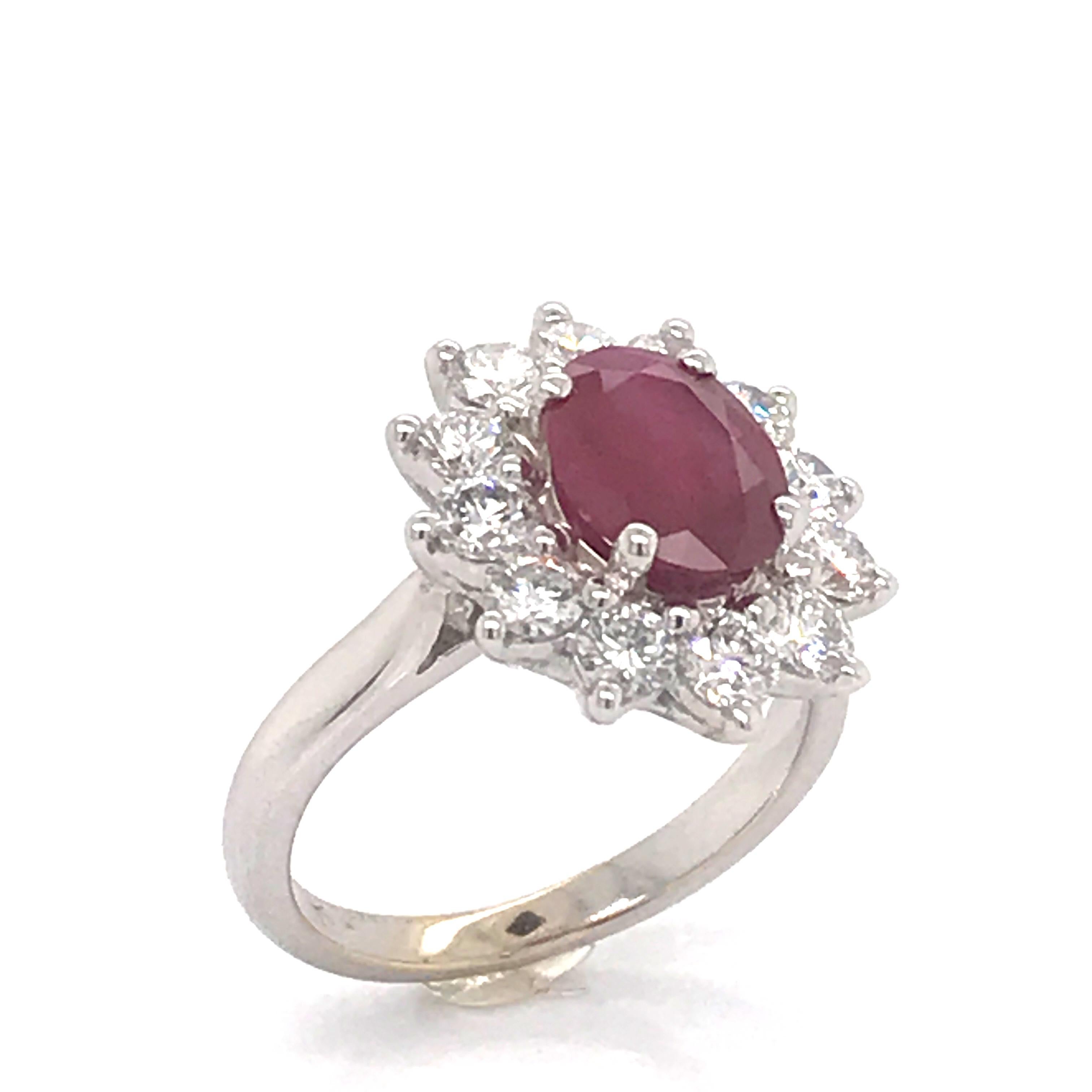 Contemporary Engagement Ring Ruby Diamonds White Gold 18 Karat  For Sale