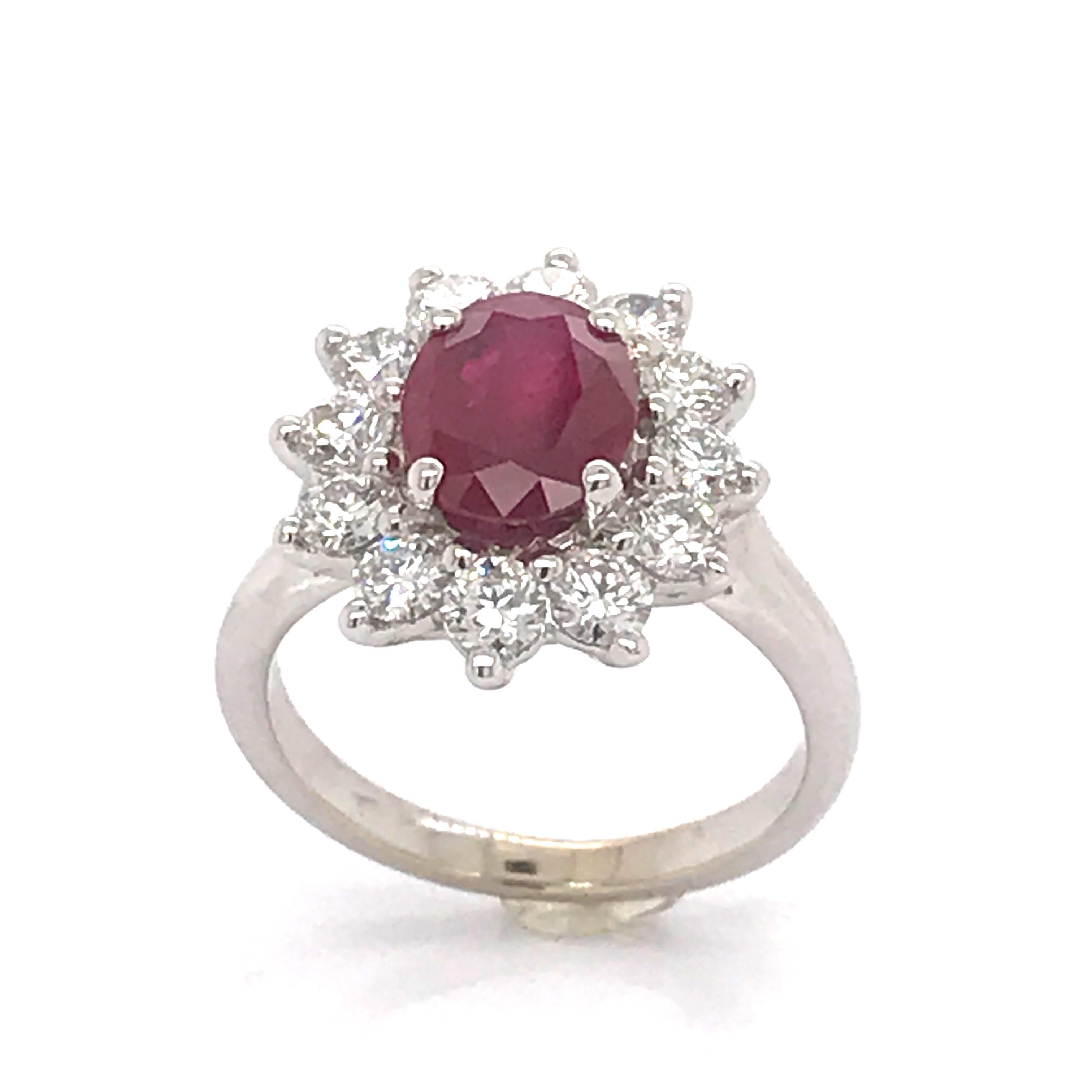 Round Cut Engagement Ring Ruby Diamonds White Gold 18 Karat  For Sale