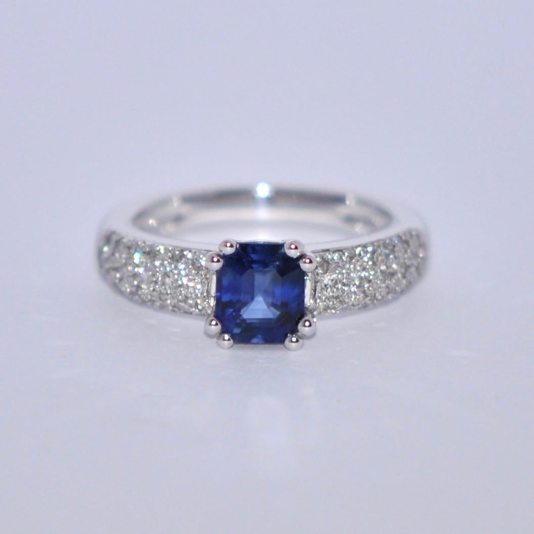 Looking for the perfect engagement ring to express your undying love? Look no further, because this exquisite ring combining sapphire and white diamonds on an 18-carat white gold setting is a true work of art.

The emerald-shaped sapphire, weighing