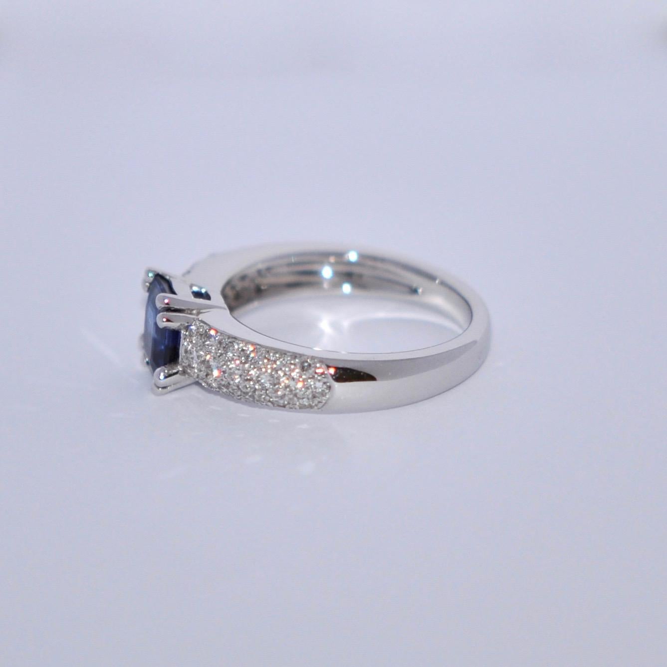 Emerald Cut Engagement Ring Sapphire White Diamonds White Gold 18 Karat For Sale