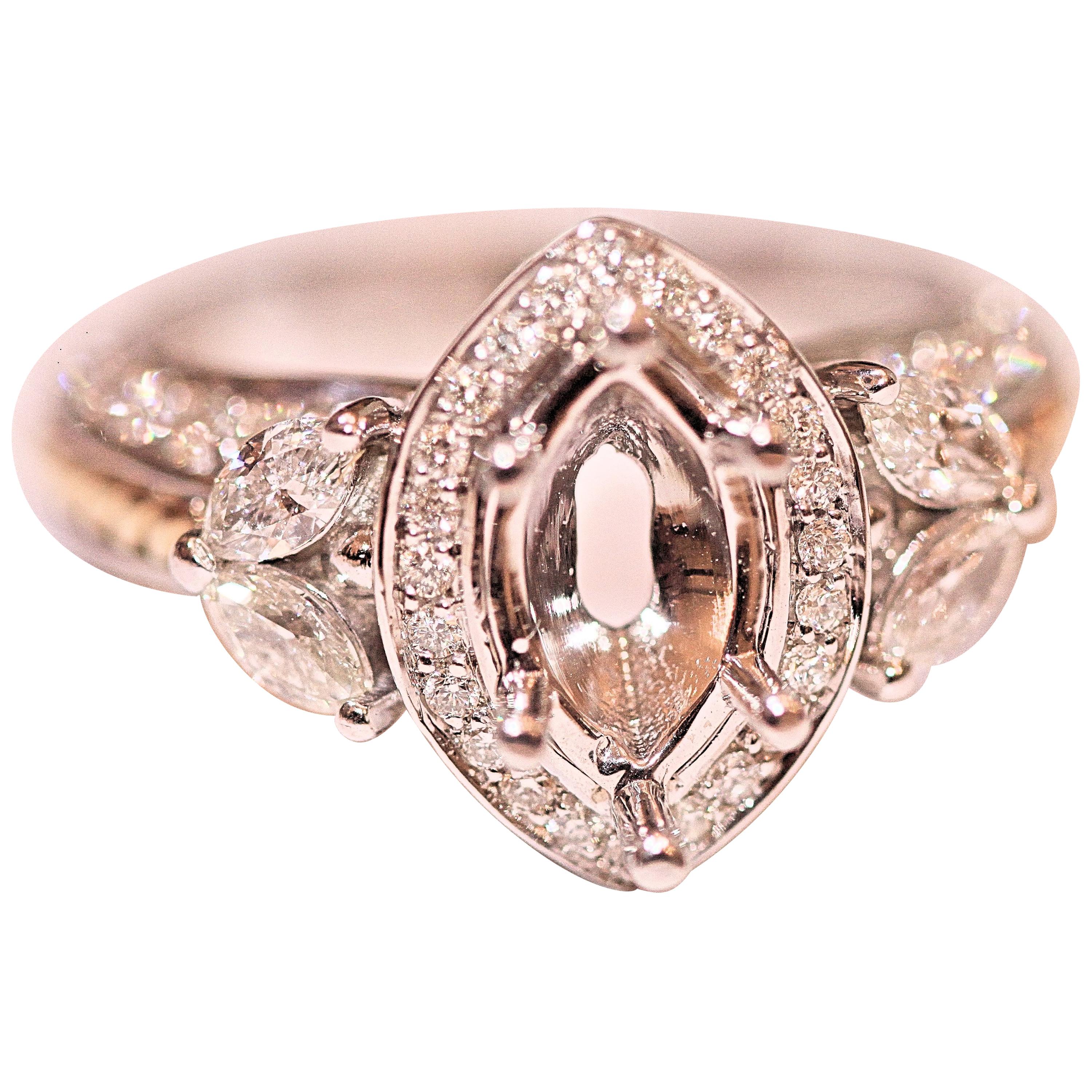 Engagement Ring Semi Mount with Marquise and Round Diamonds in 14 Karat White For Sale