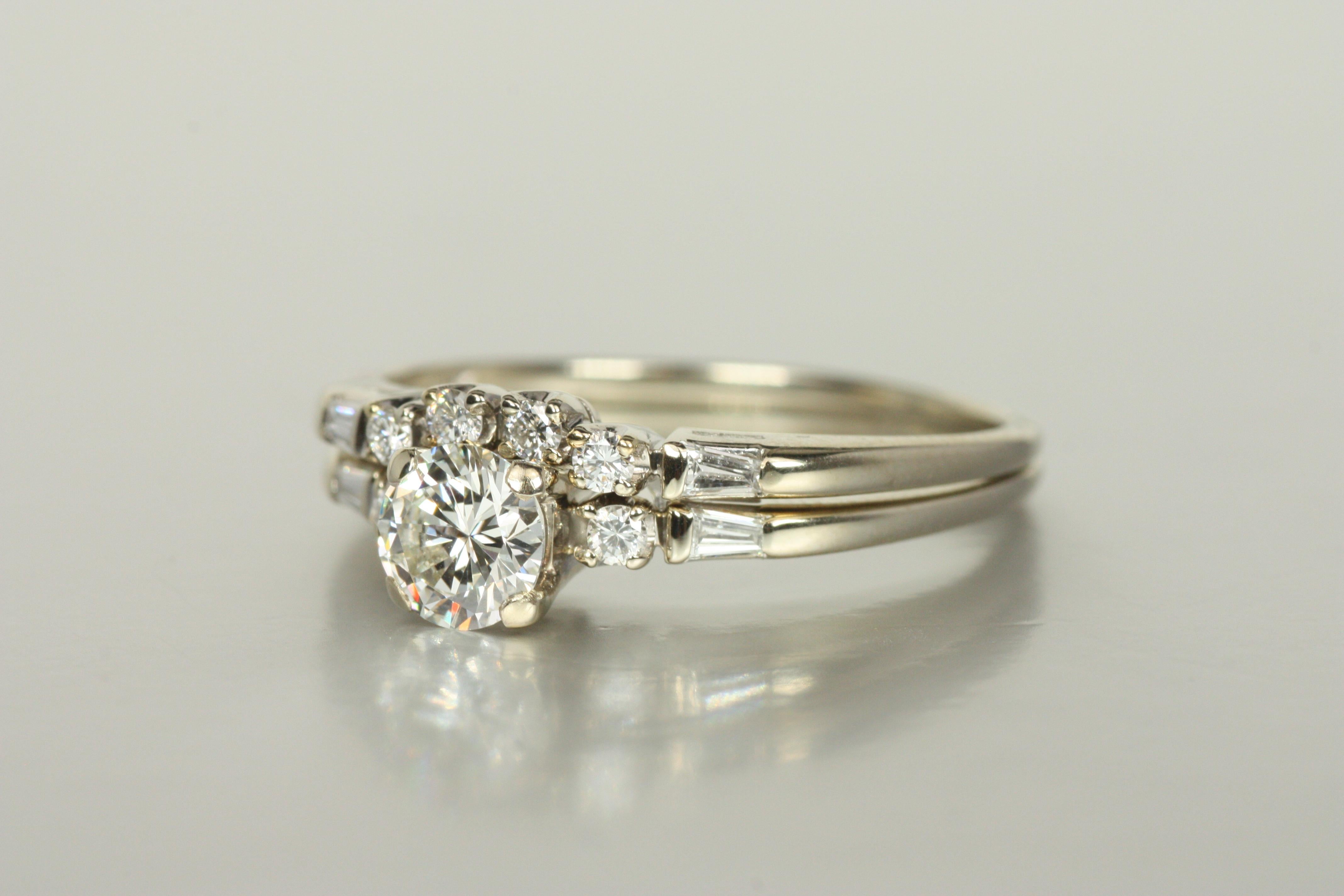 Engagement Ring Set – 0.72ct Round & Tapered Baguette Cut Diamonds 18K White In Excellent Condition For Sale In Santa Monica, CA