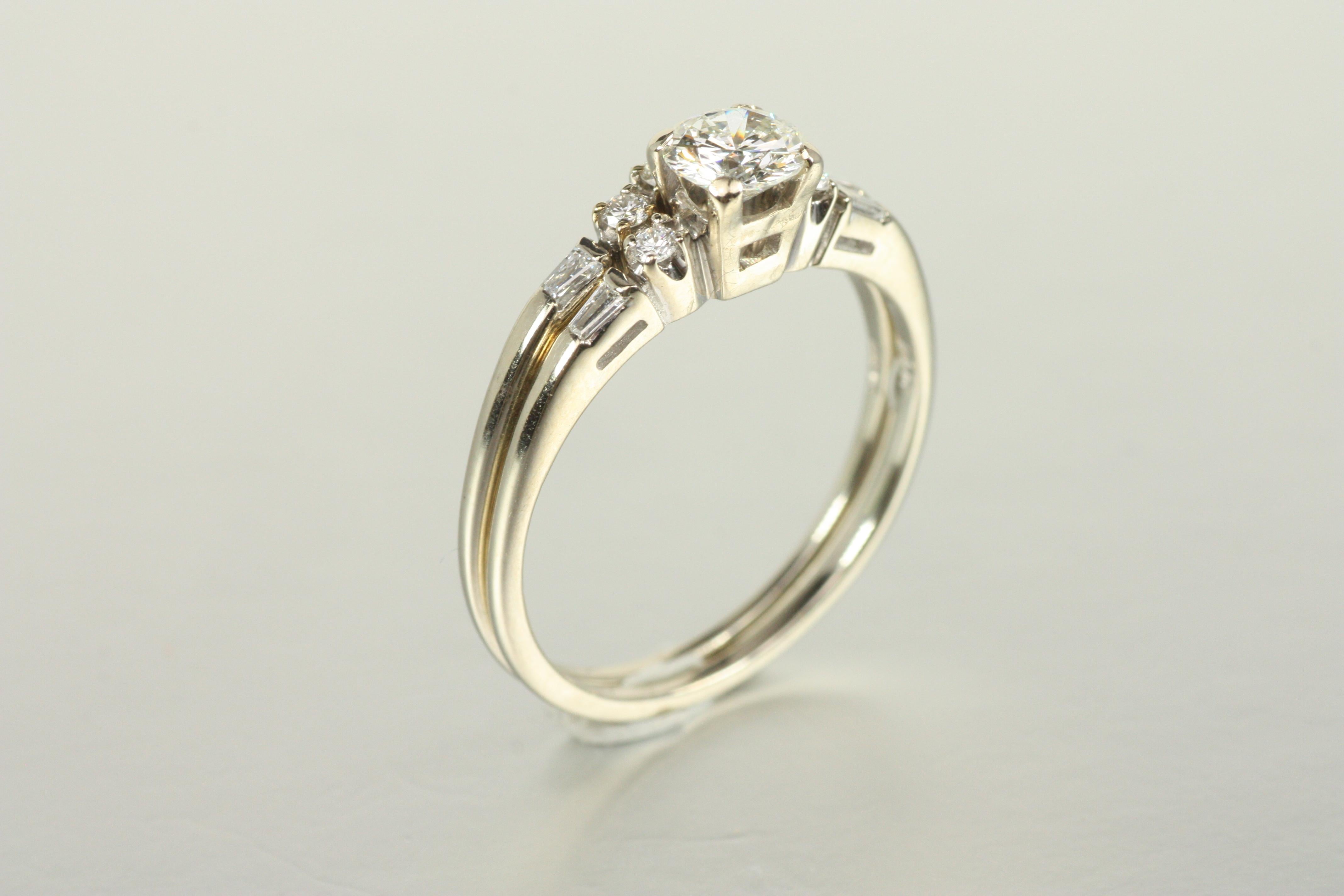 Women's Engagement Ring Set – 0.72ct Round & Tapered Baguette Cut Diamonds 18K White For Sale