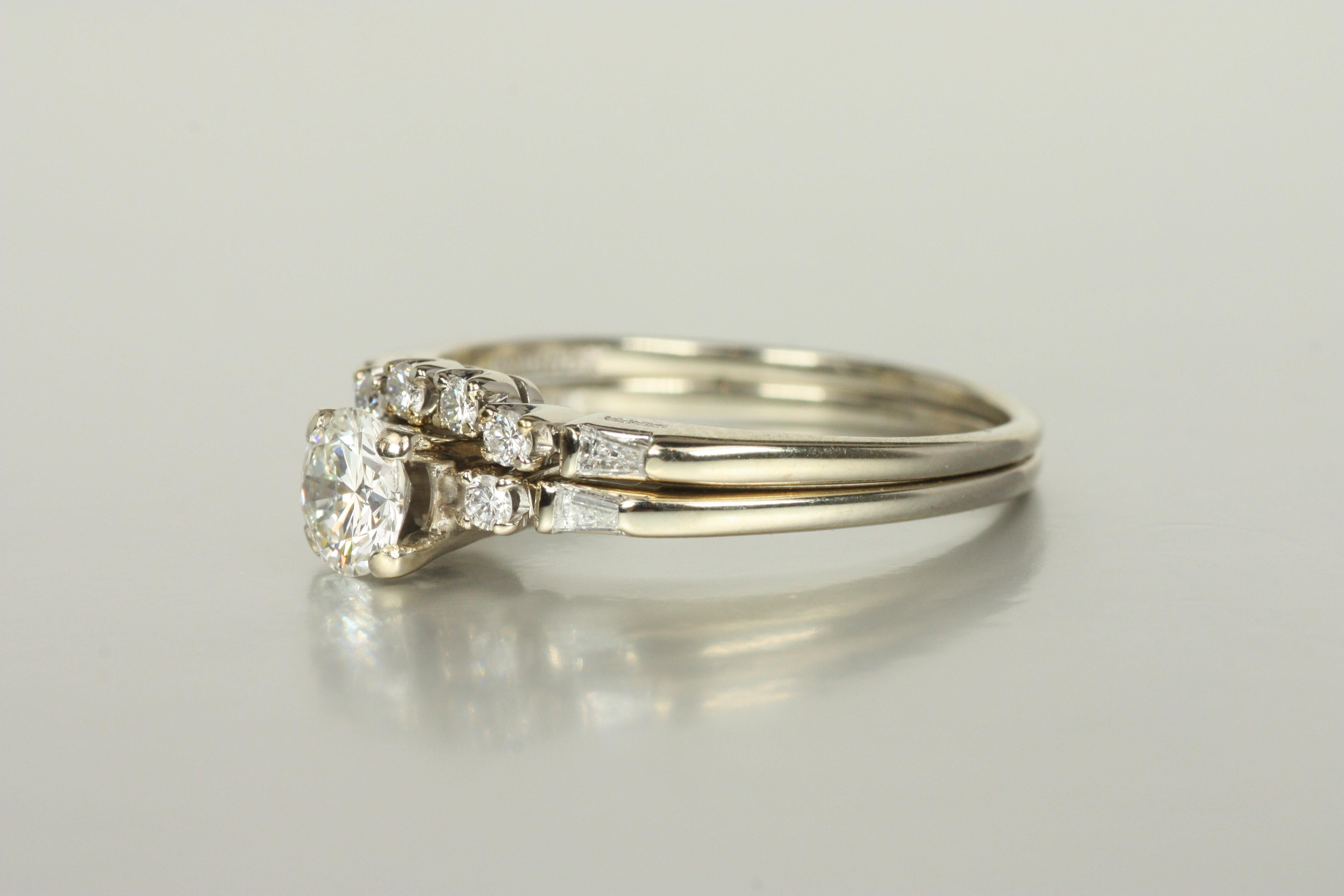 Engagement Ring Set – 0.72ct Round & Tapered Baguette Cut Diamonds 18K White For Sale 1