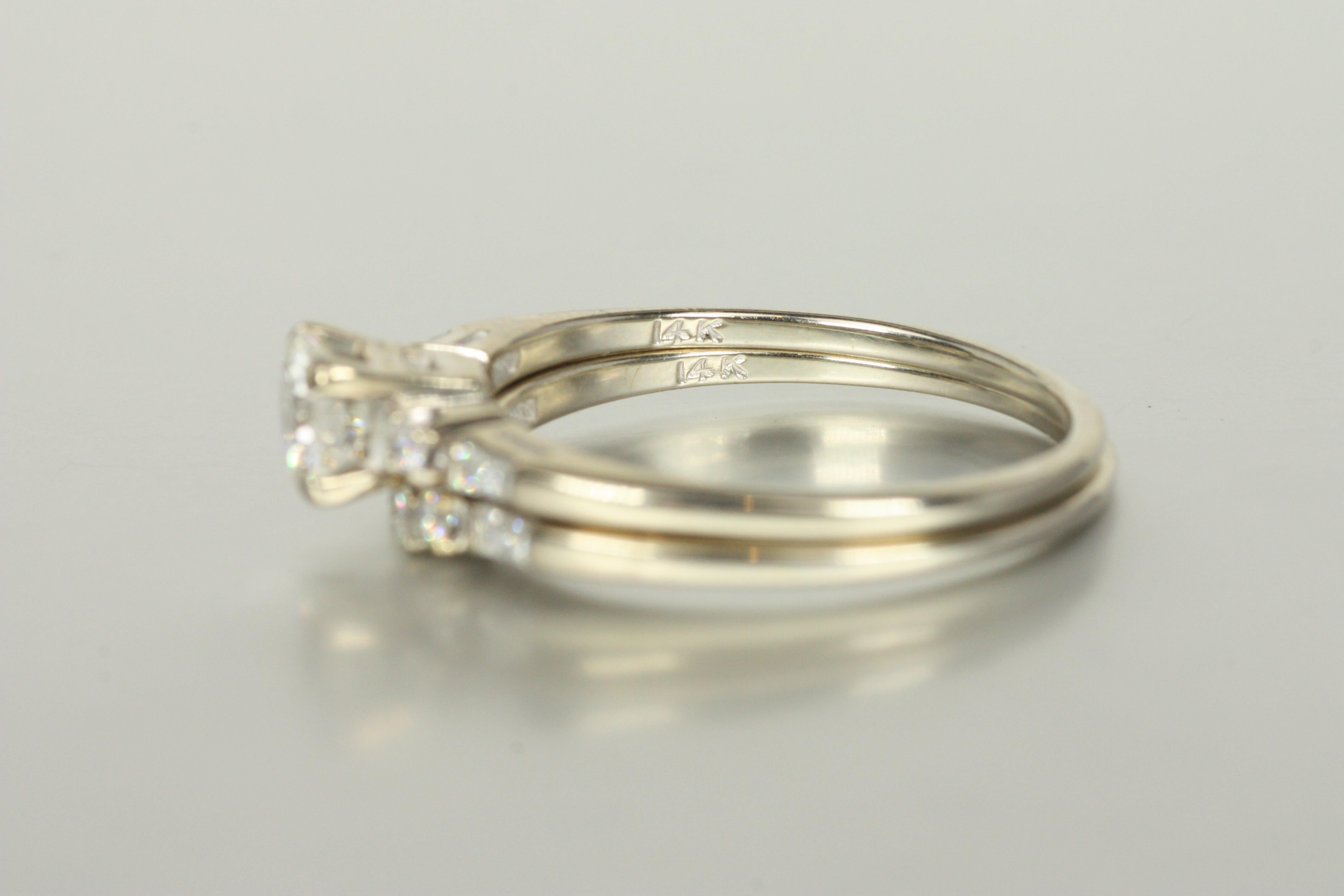 Engagement Ring Set – 0.72ct Round & Tapered Baguette Cut Diamonds 18K White For Sale 2