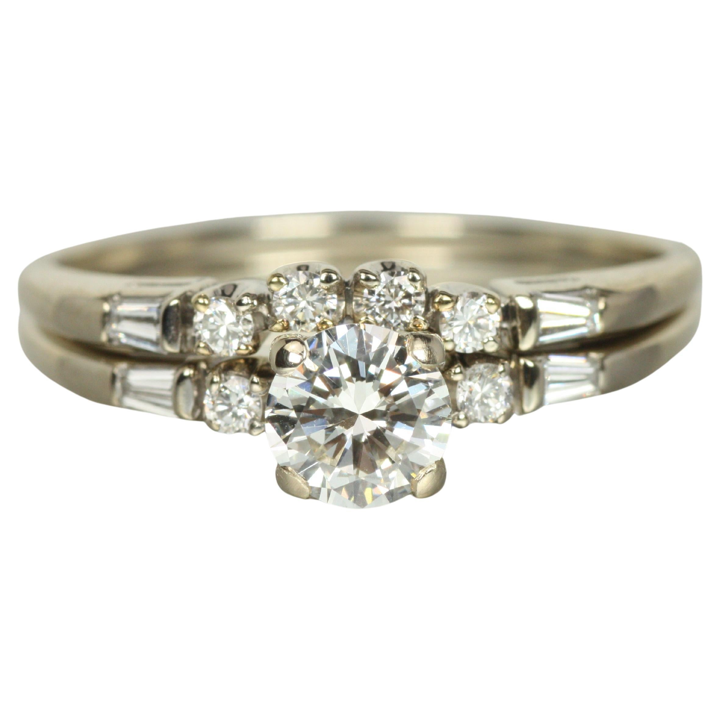 Engagement Ring Set – 0.72ct Round & Tapered Baguette Cut Diamonds 18K White