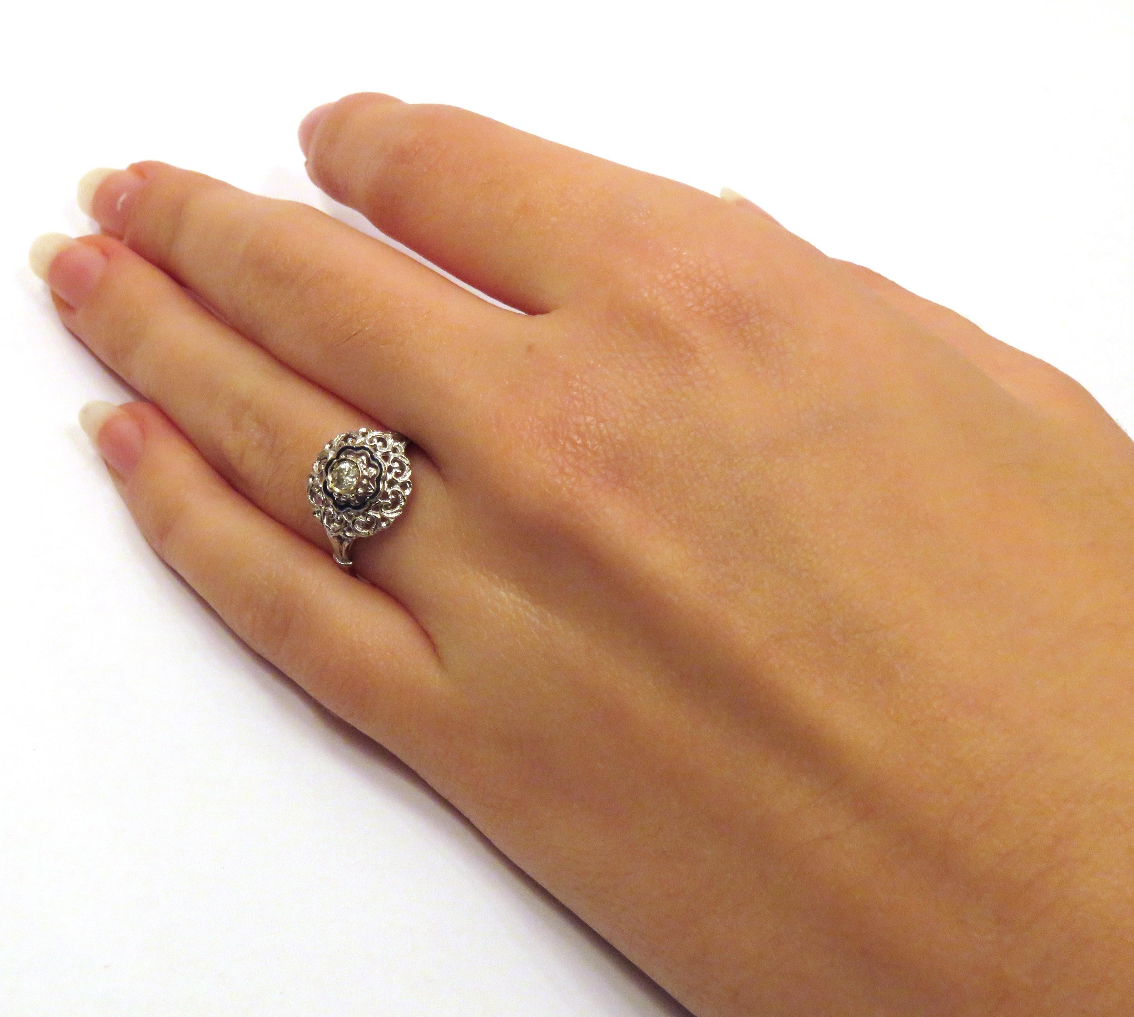 Brilliant Cut Antique Engagement White Gold Diamond Filigree Blue Enamel Ring 