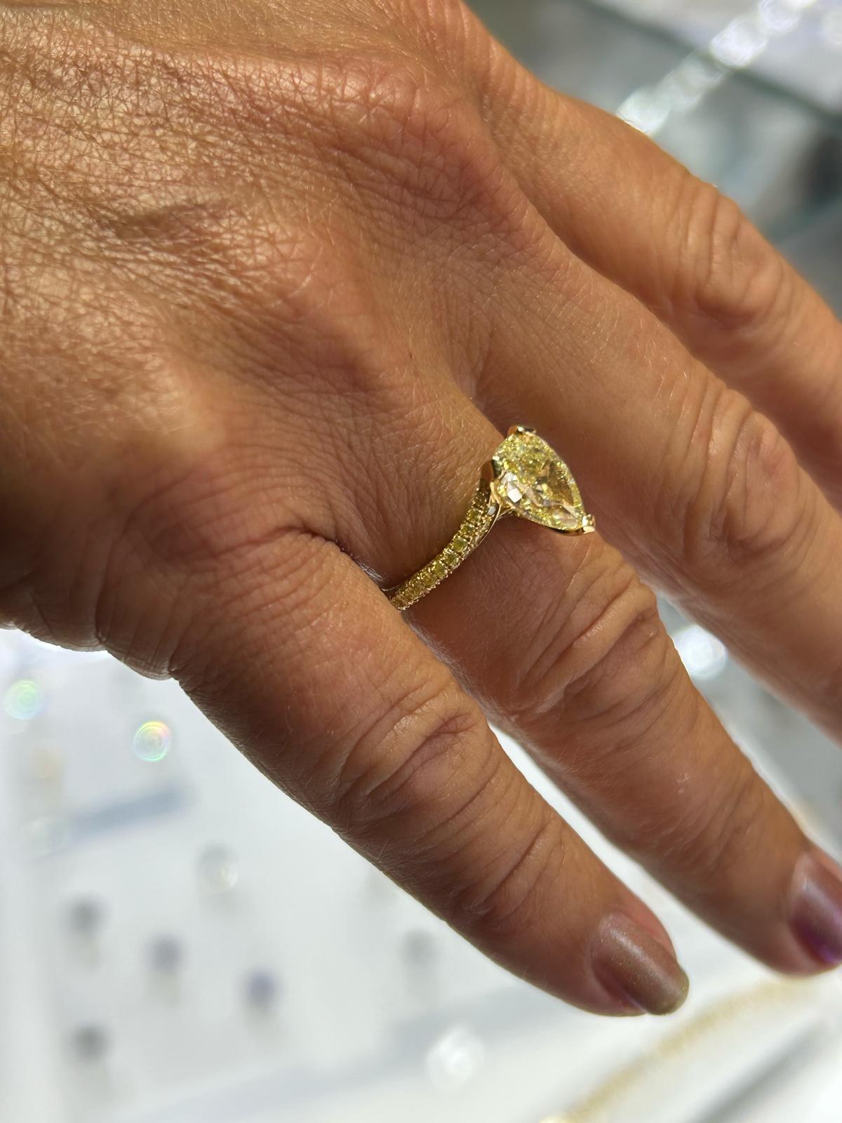 Pear Cut Engagement Ring with 2.01ct Fancy Yellow Pear Shape Diamond For Sale