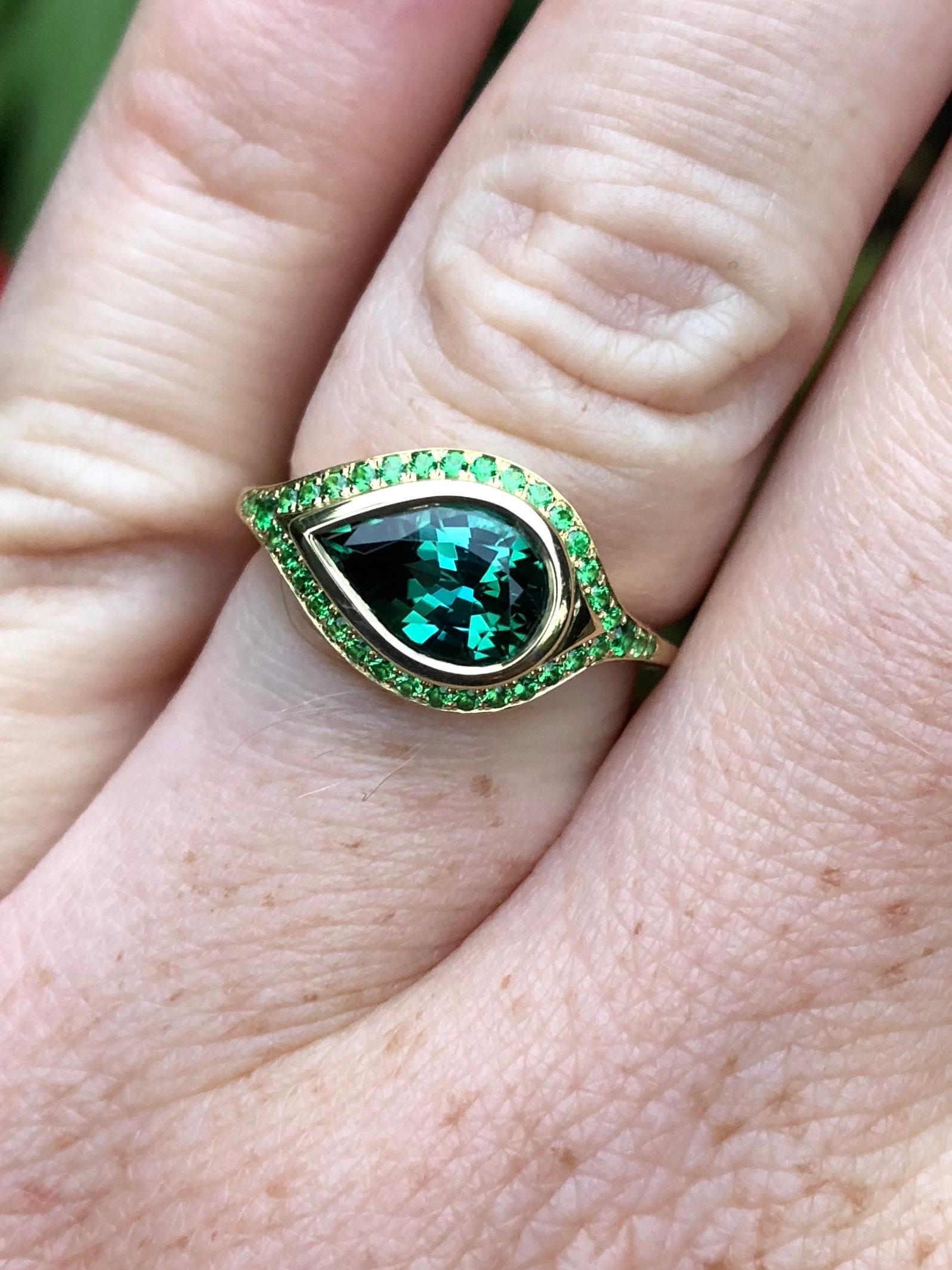 Artisan Engagement Ring with 2.46 Carat Tourmaline and Tsavorite Pavé