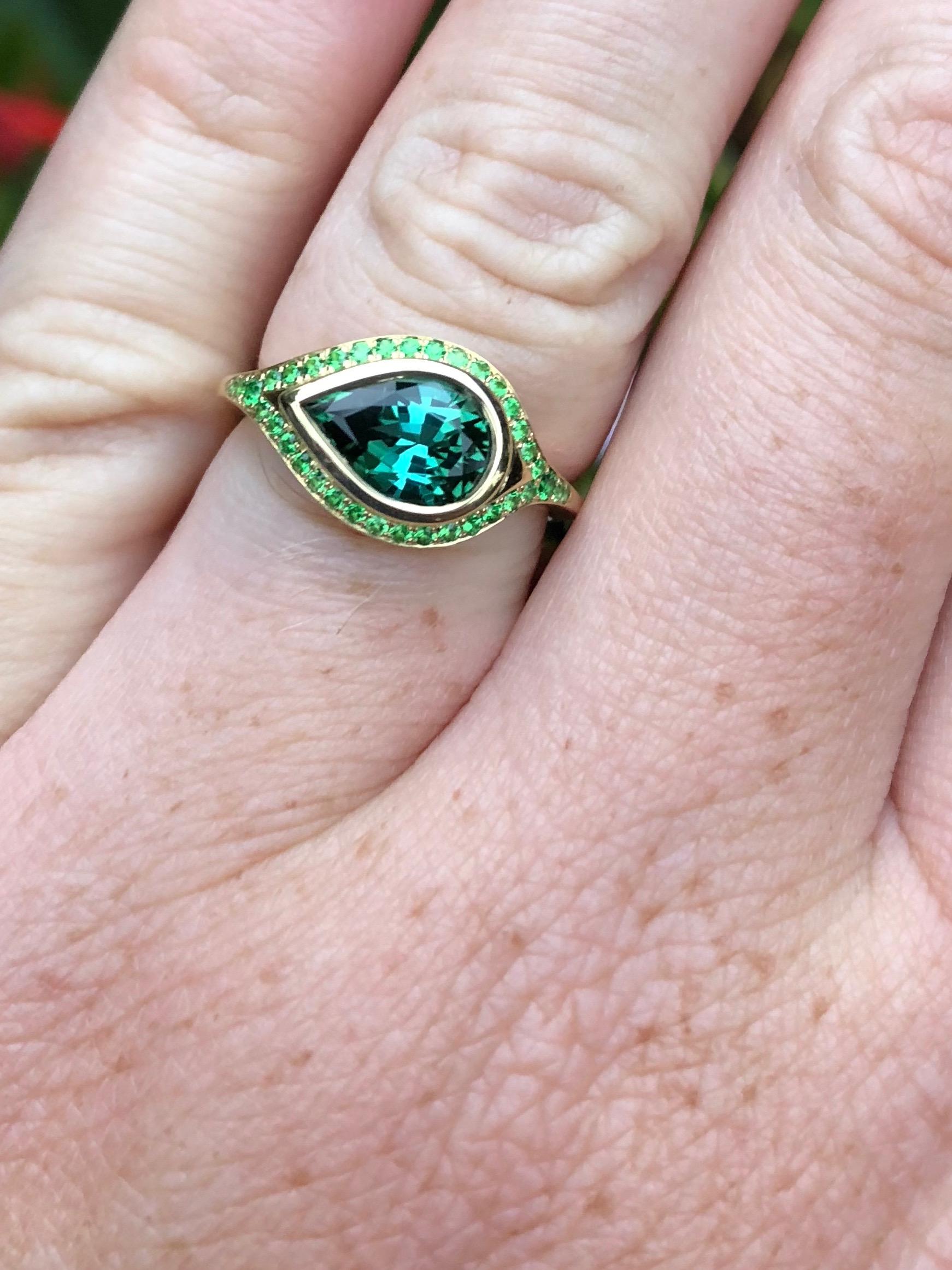 Pear Cut Engagement Ring with 2.46 Carat Tourmaline and Tsavorite Pavé