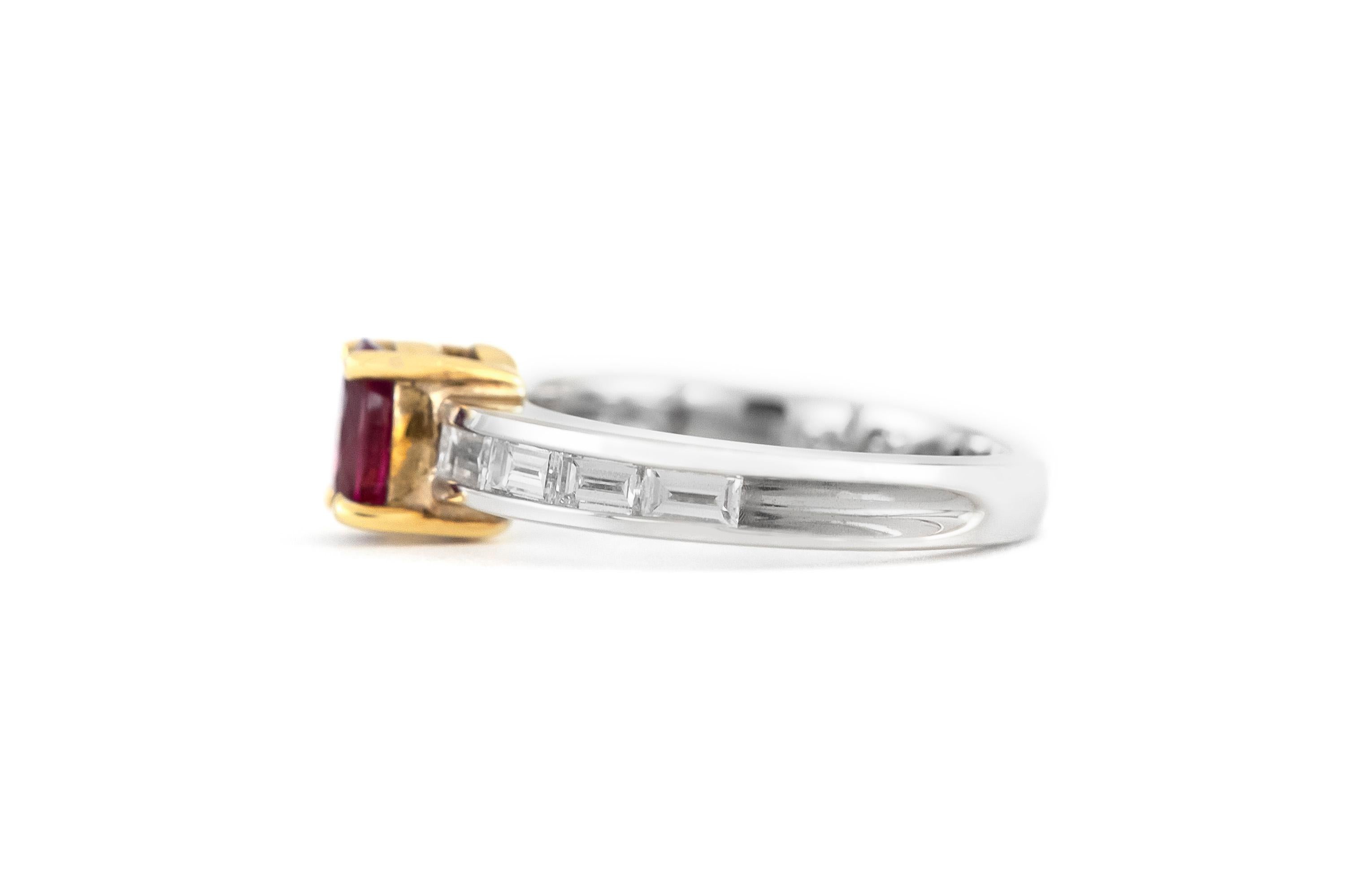 The ring is finely crafted in 18k white gold with center stone oval cut ruby weighing approximately total of 0.60 carat and diamonds weighing approximately total of 0.80 carat.
Circa 1970.
