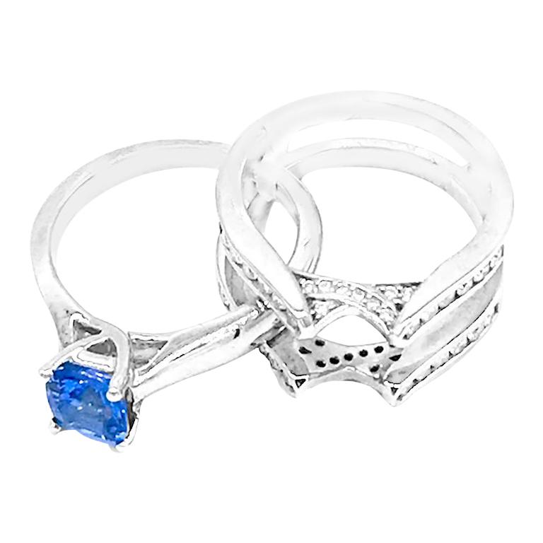 Engagement Ring Wrap Cushion Tanzanite and Diamond Two-Piece Ring, 18 Karat Gold