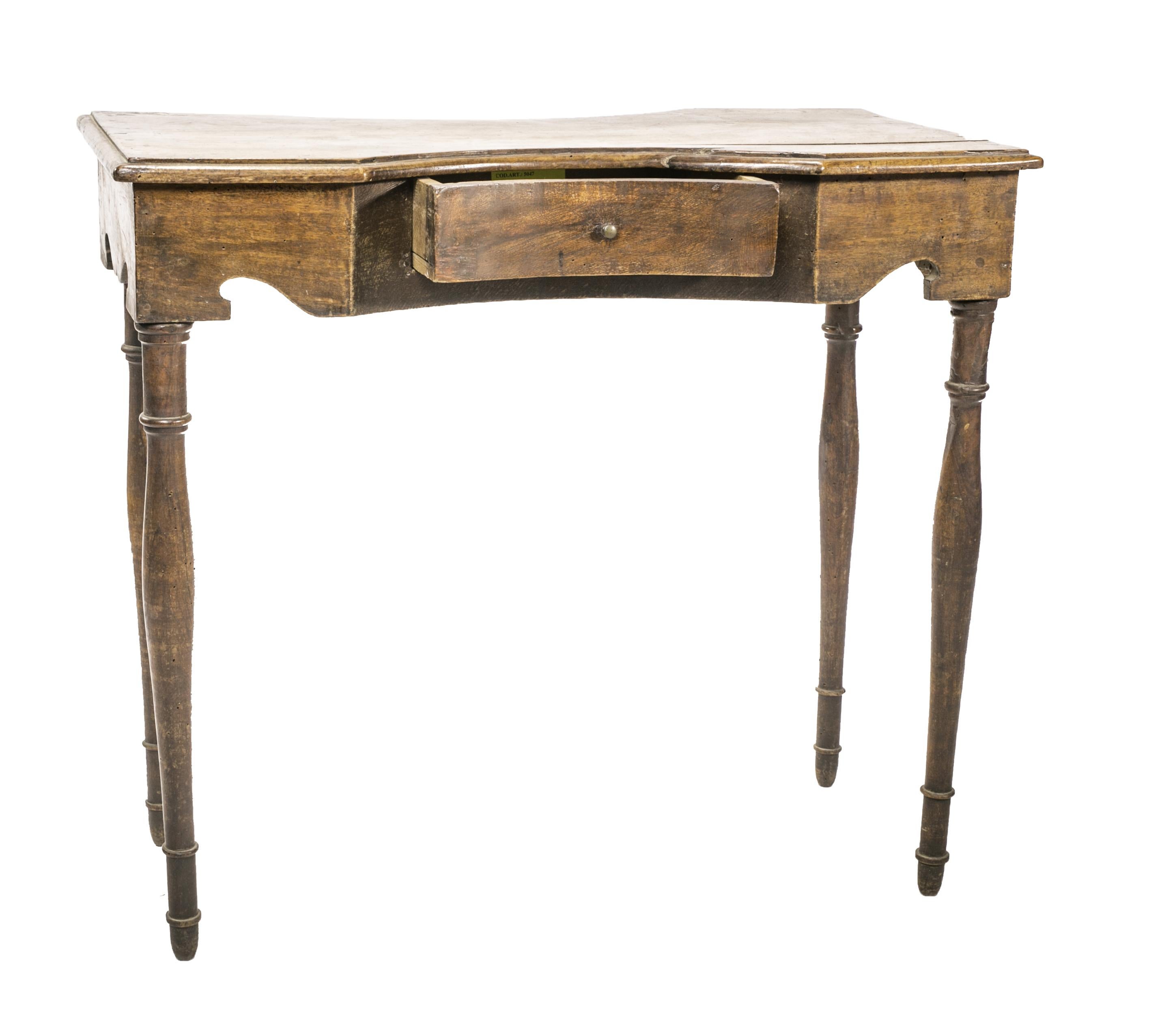 Engagement table.
For exchanging messages between lovers in the early 1800s.
The couple could exchange notes through the drawer that slides from one side to the other, where the two lovers' chairs were placed. 
A relative sat off to the side to