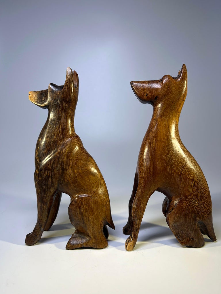 Engaging Pair of Hand Carved Hardwood Hound Dogs, Mid 20th Century For