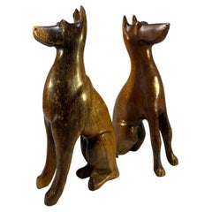 Engaging Pair of Hand Carved Hardwood Hound Dogs, Mid 20th Century