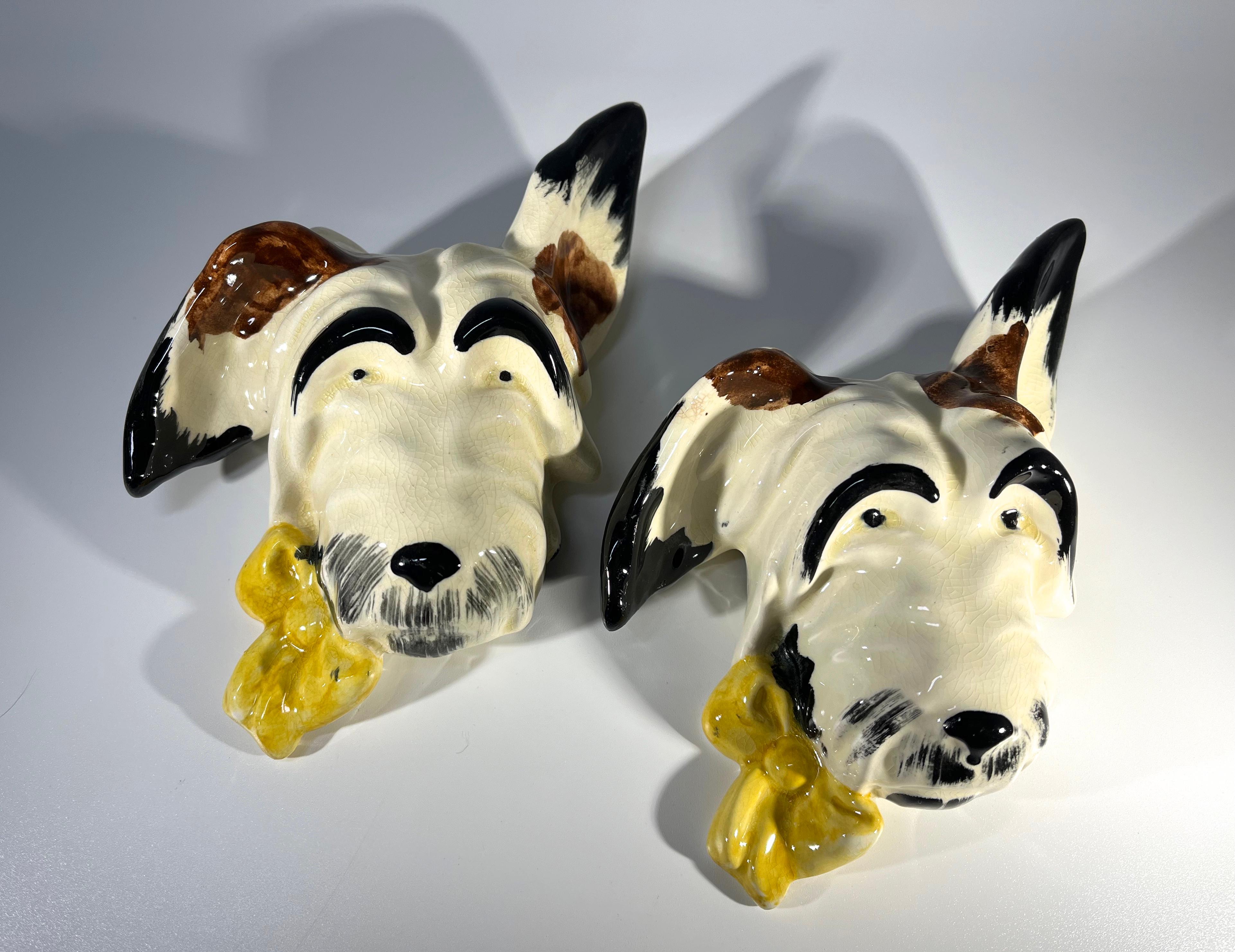 Ceramic Engaging Pair Of Hand Painted English Terrier Wall Dogs, Mid 20th Century