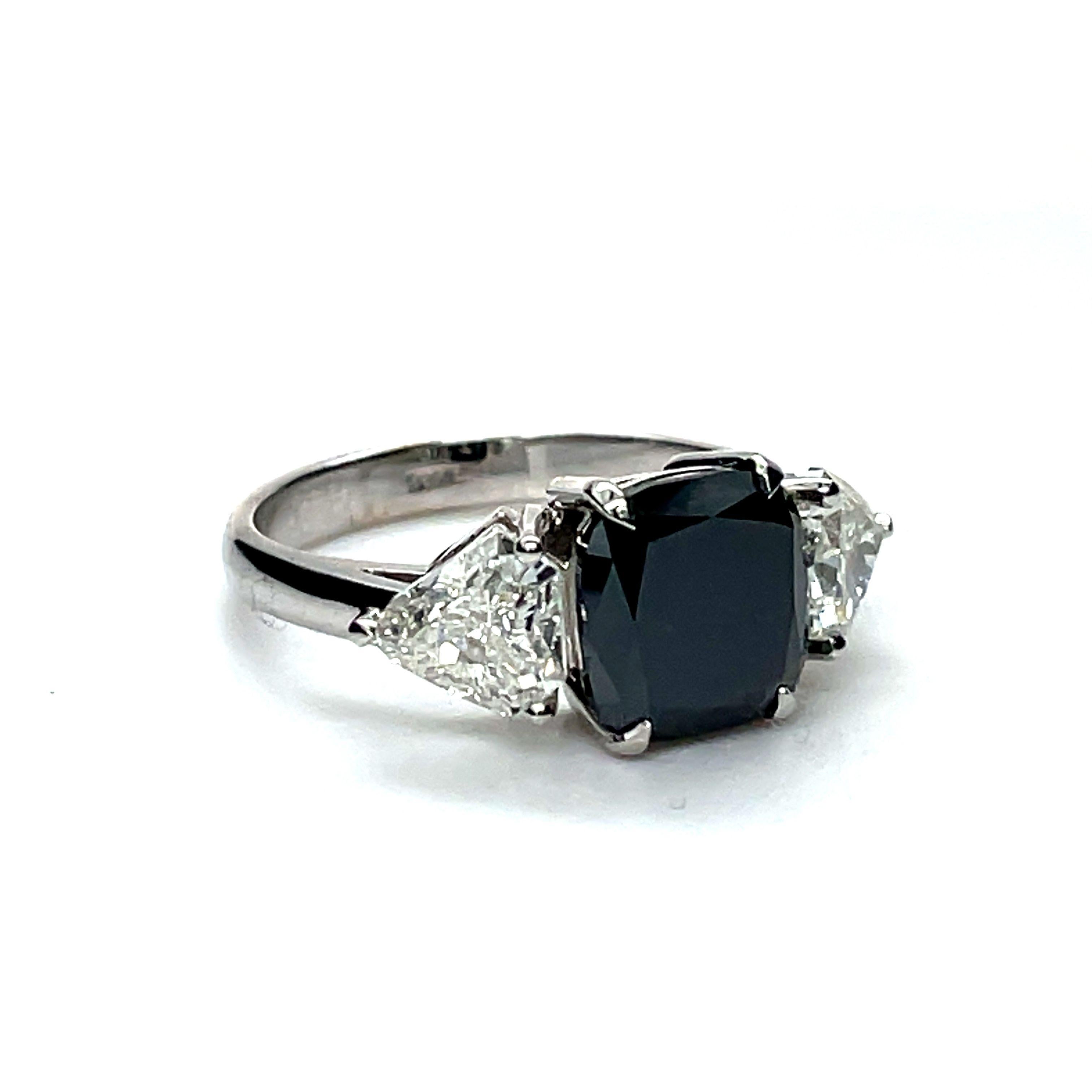 Gothic Revival  Engagment ring, 2.35ct Black Diamond Trillions cut side Diamonds 18K white gold For Sale