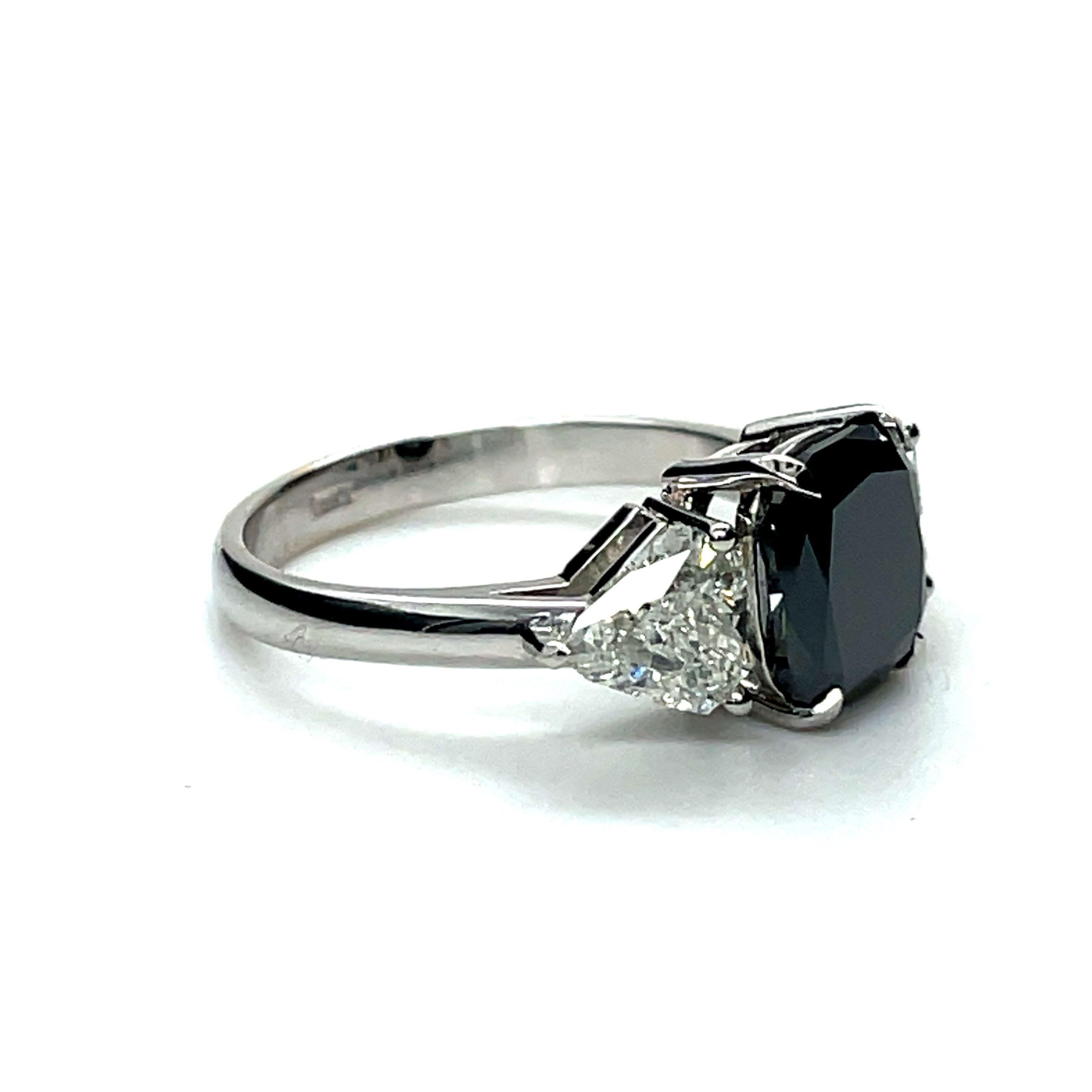 Cushion Cut  Engagment ring, 2.35ct Black Diamond Trillions cut side Diamonds 18K white gold For Sale