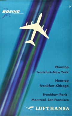 Original Vintage Poster Lufthansa Boeing Jet Nonstop Frankfurt New York Chicago