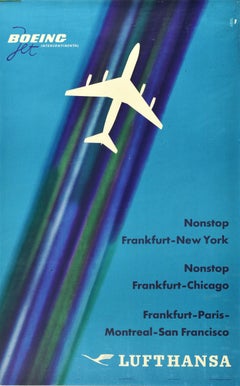 Póster Vintage Original Lufthansa Boeing Jet Sin Escalas Frankfurt Nueva York Chicago