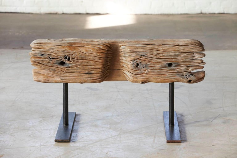 Bank Bench By Hanni Dietrich Carved Oak Mounted On Welded Black Iron Legs At 1stdibs