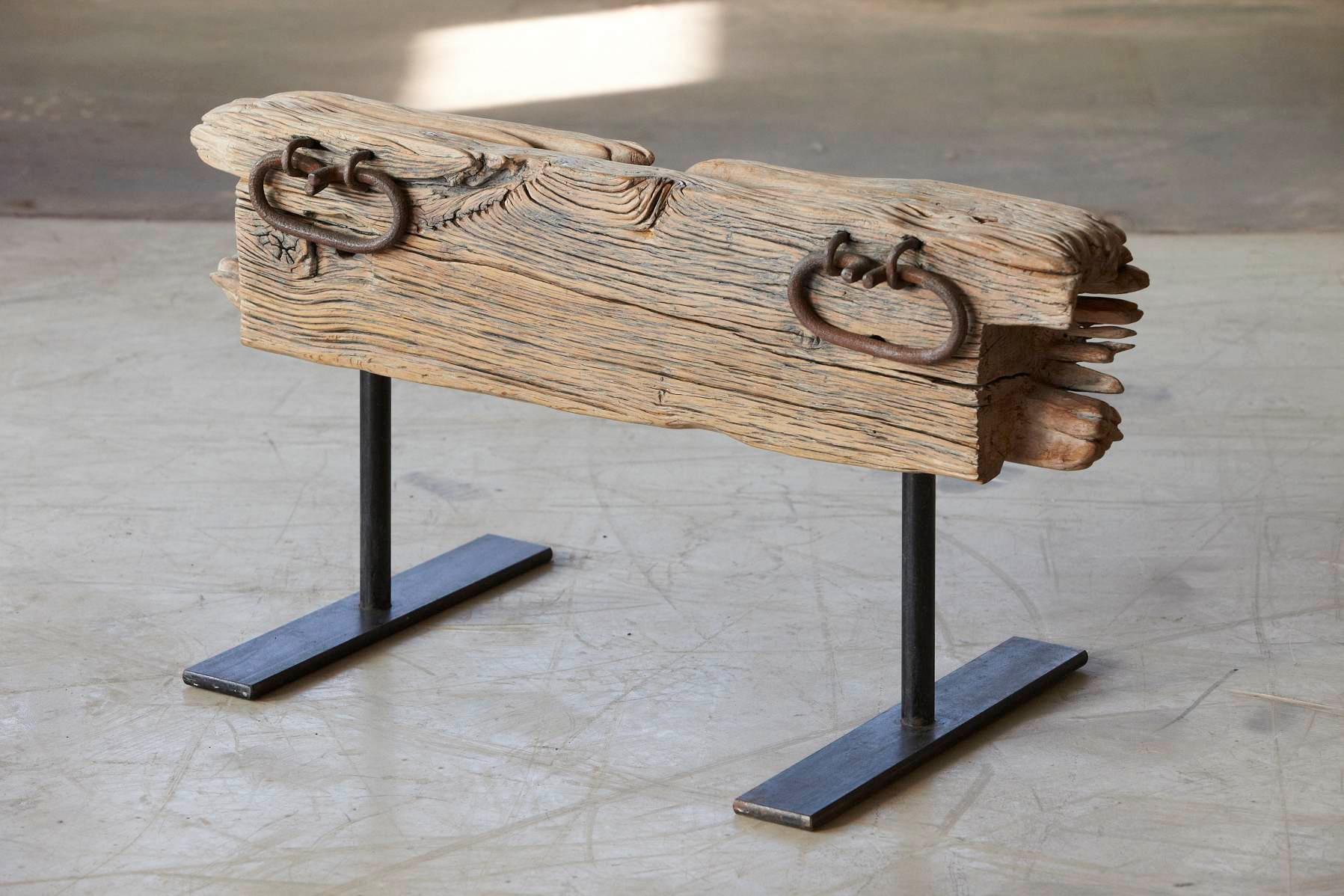 German Bank - Bench by Hanni Dietrich - Carved Oak Mounted on Welded Black Iron Legs For Sale