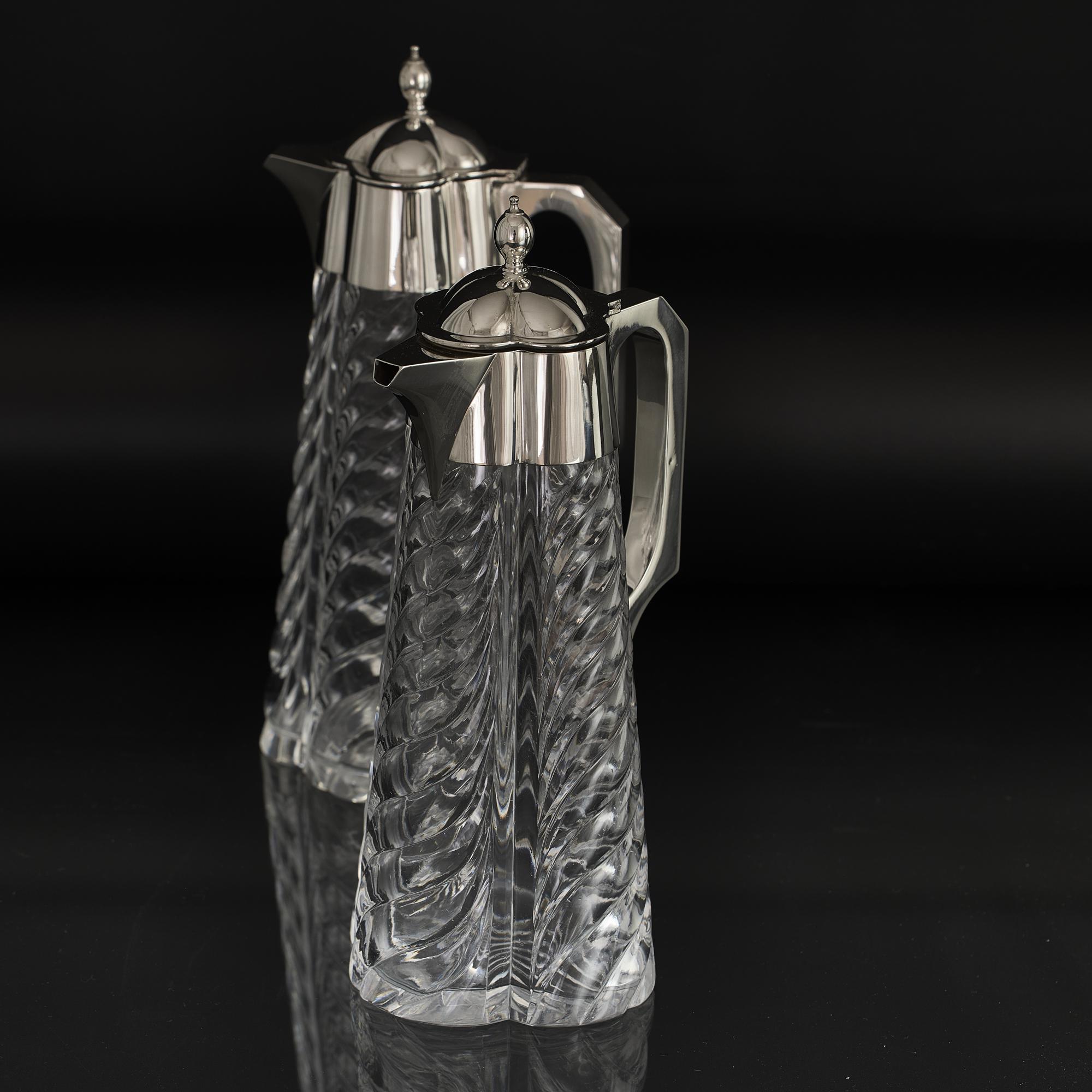 Art Deco Pair of Victorian silver-mounted glass claret jugs For Sale