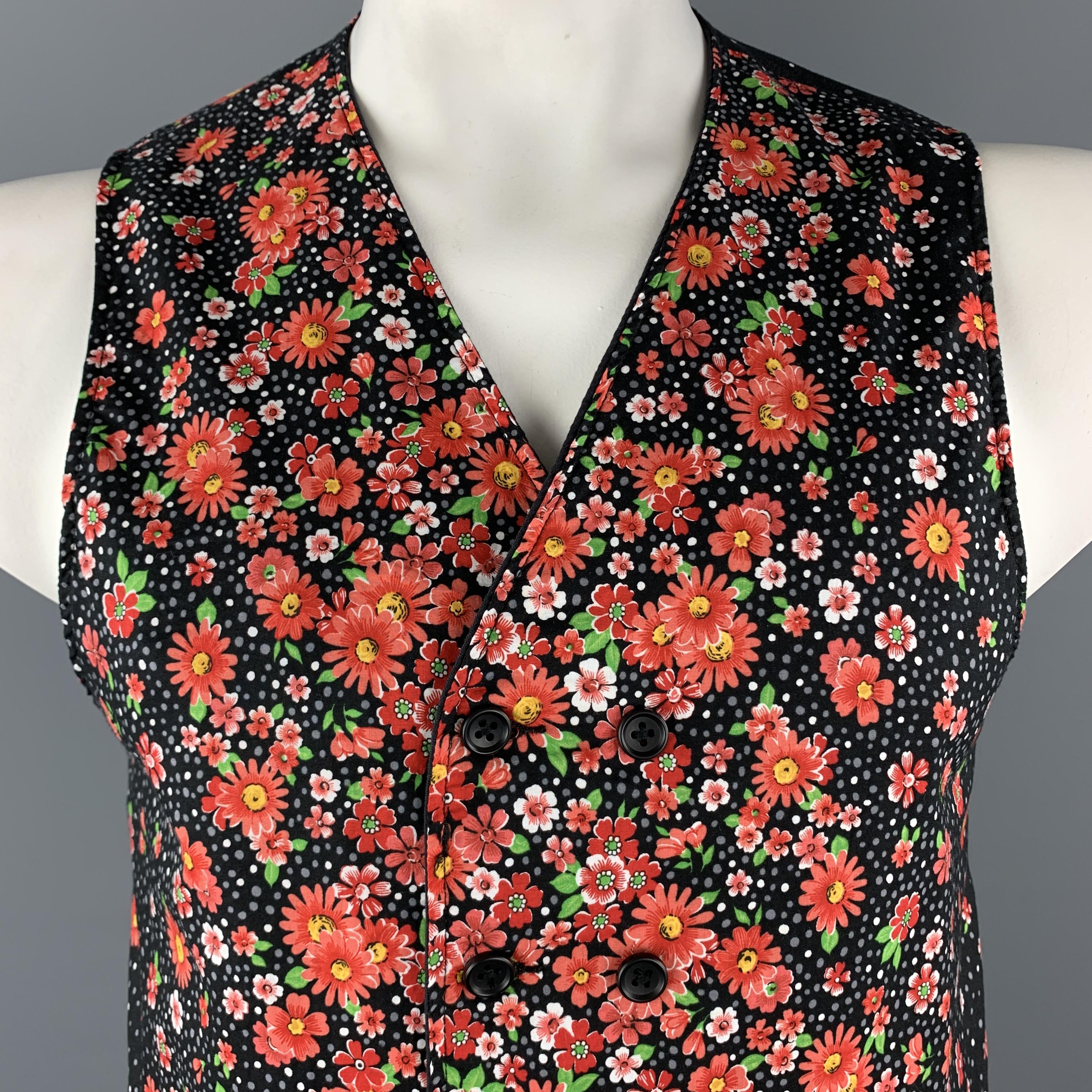 ENGINEERED GARMENTS reversible vest comes in black and red floral print cotton with a double breasted button front and solid reverse side. Made in USA.

New with Tags. 
Marked: L

Measurements:

Shoulder: 14 in.
Chest: 41 in.
Length: 26 in.