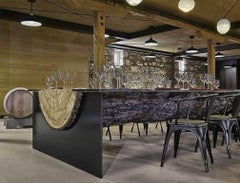 Modern Engineered Log Dining Table with Glass and Blackened Steel Legs