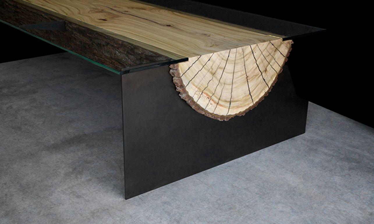Contemporary Modern Engineered Log Dining Table with Glass and Blackened Steel Legs For Sale